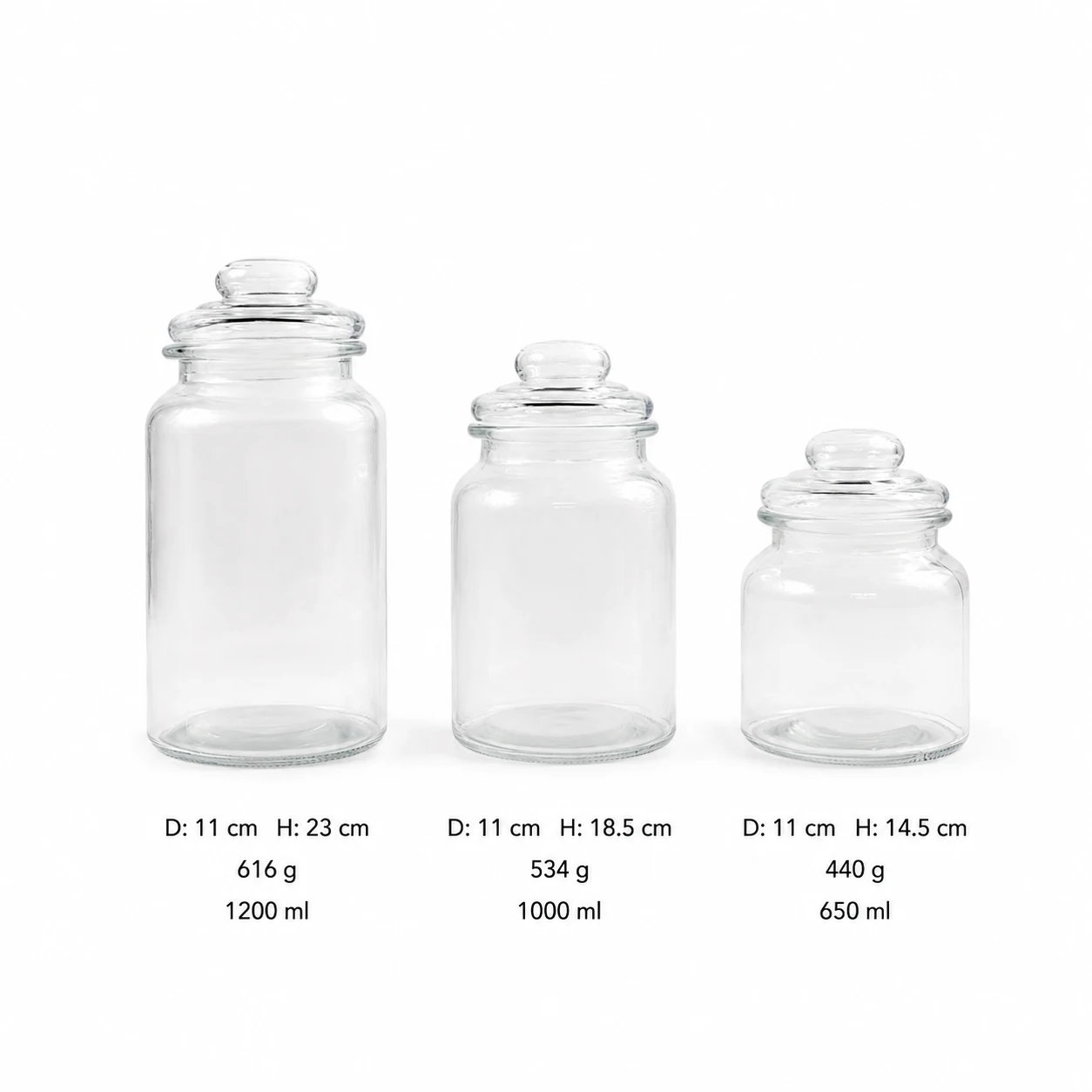 Classic clear glass storage jar set in three capacities