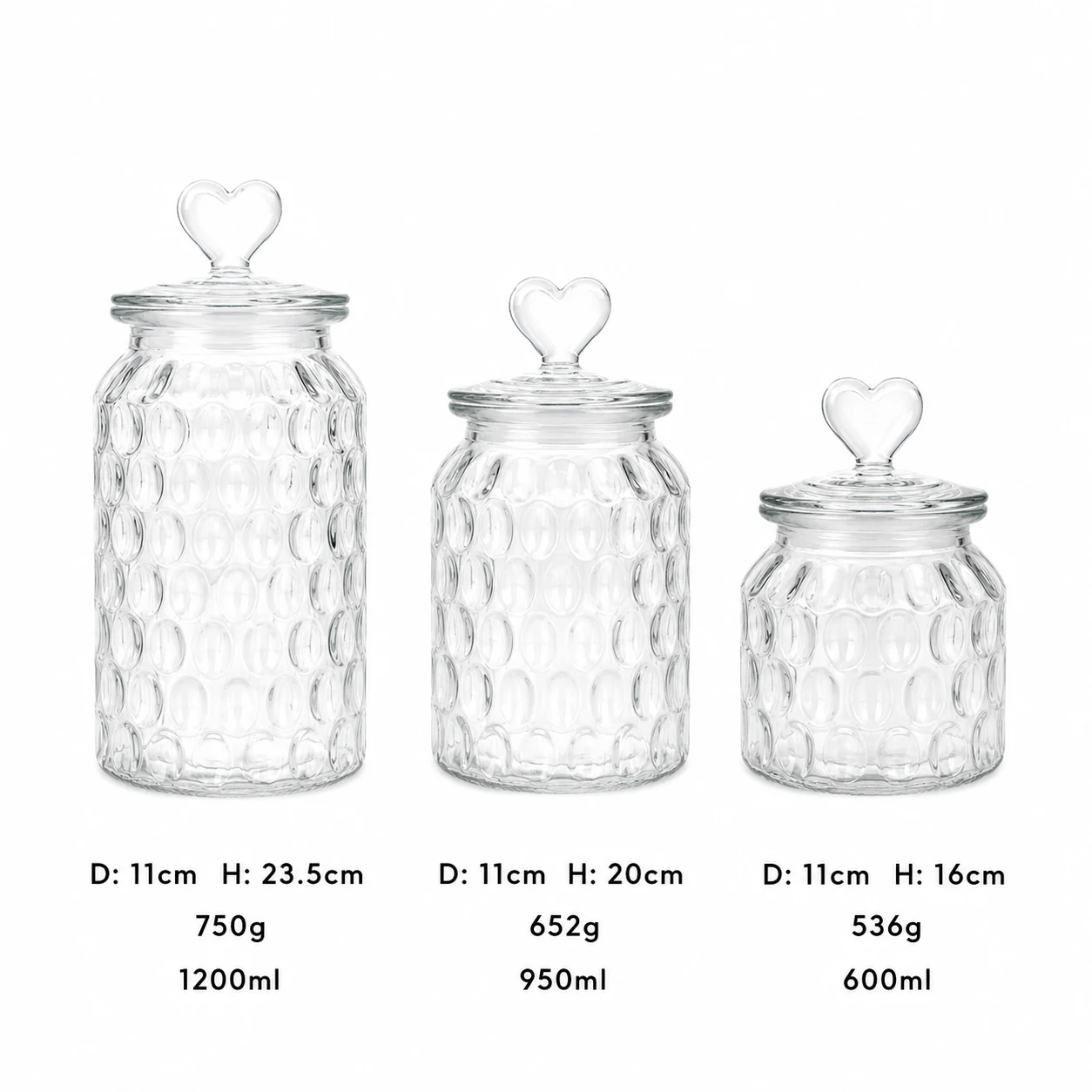 Bubble pattern glass storage jar set with heart-shaped lid knobs