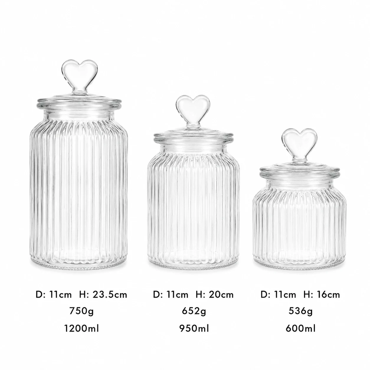 Ribbed glass storage jar set with heart-shaped lid knobs