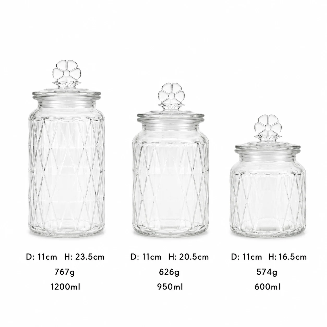 Diamond pattern glass storage jar set with flower lid knobs