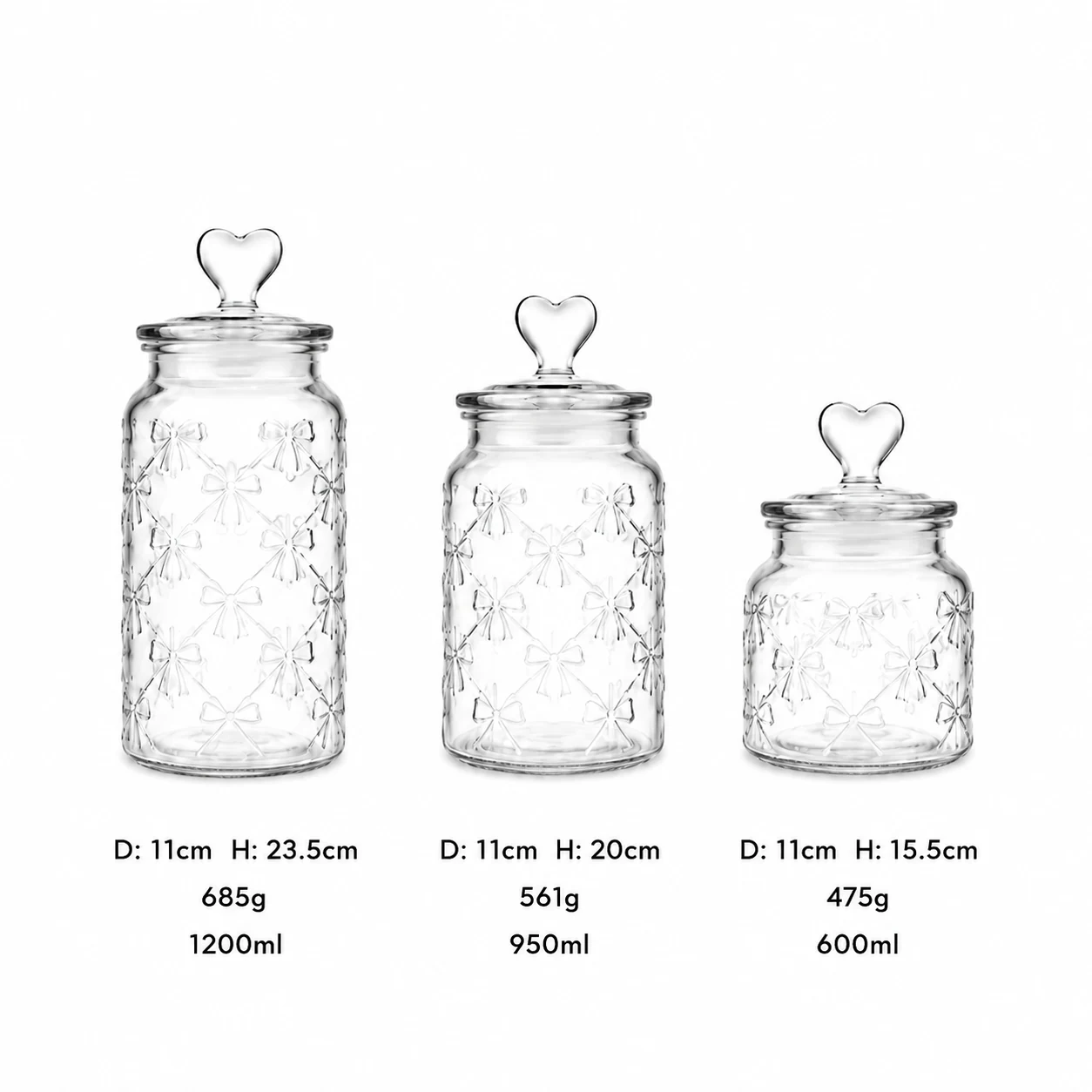 Bow pattern glass storage jar set with heart-shaped lid knobs