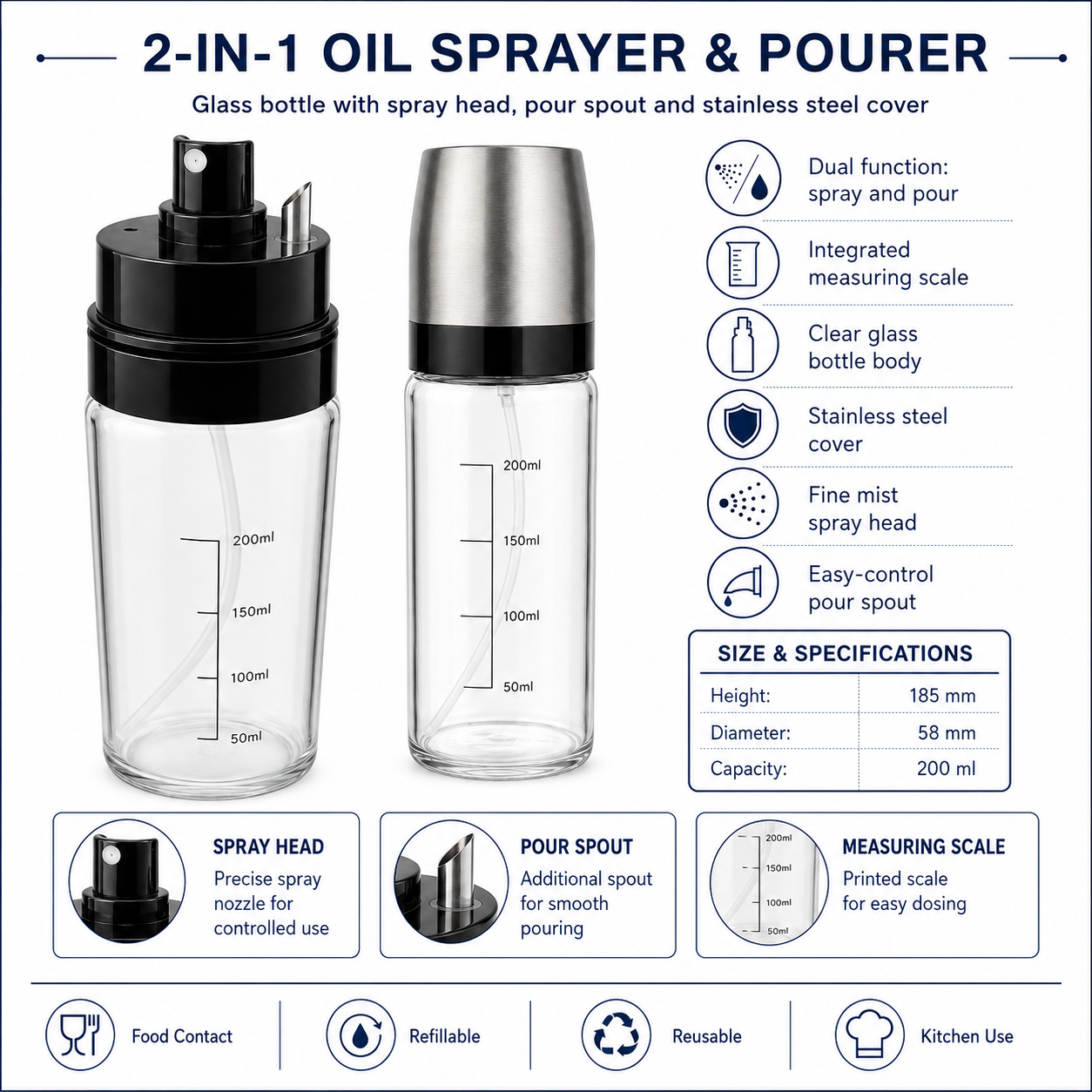 Two-in-one glass oil sprayer and pourer