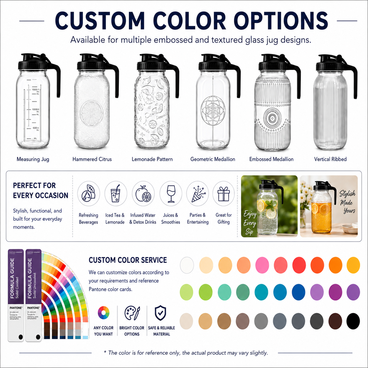 Custom colored and textured glass jug options