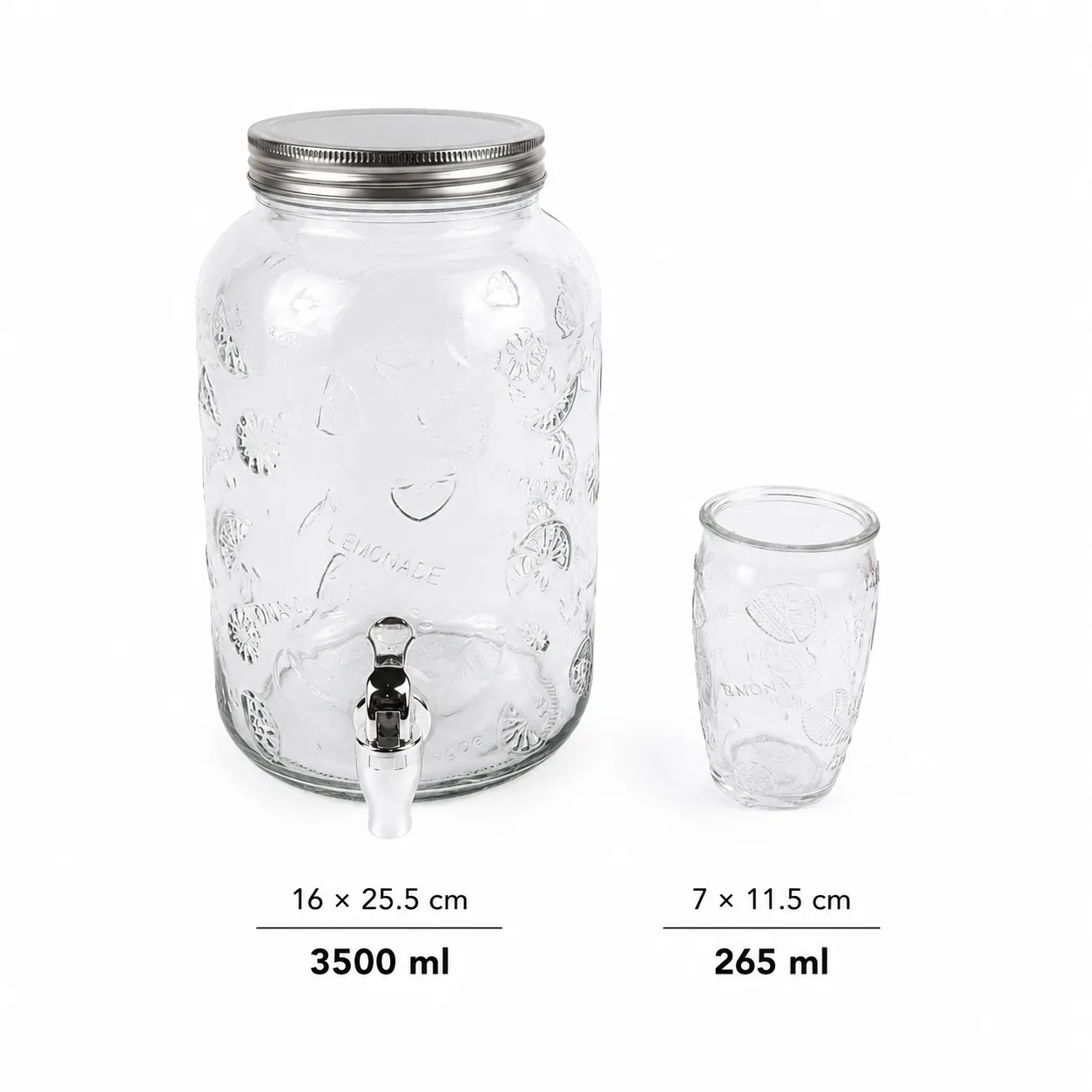 Clear lemon pattern glass dispenser and tumbler set