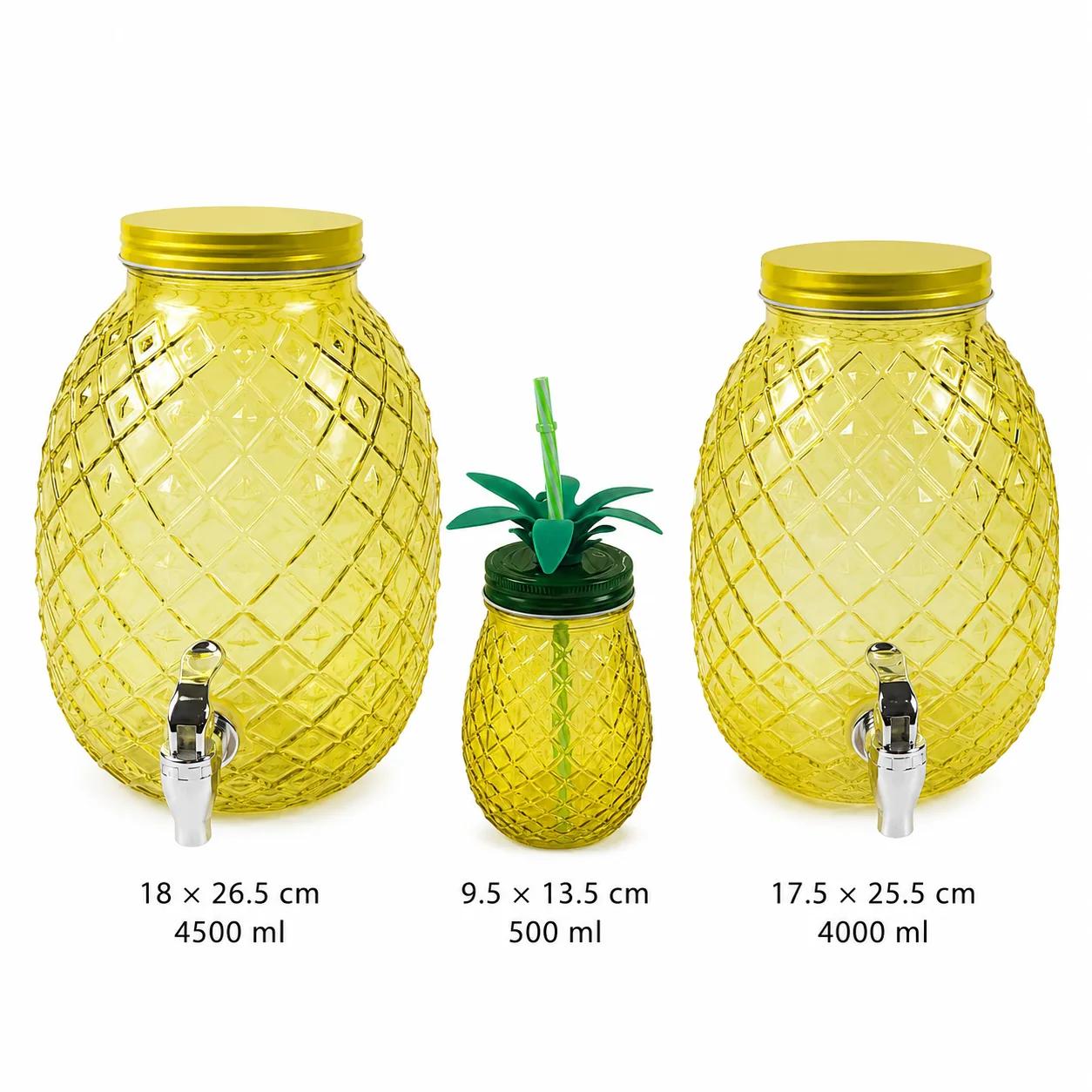 Yellow pineapple glass dispenser set in multiple sizes