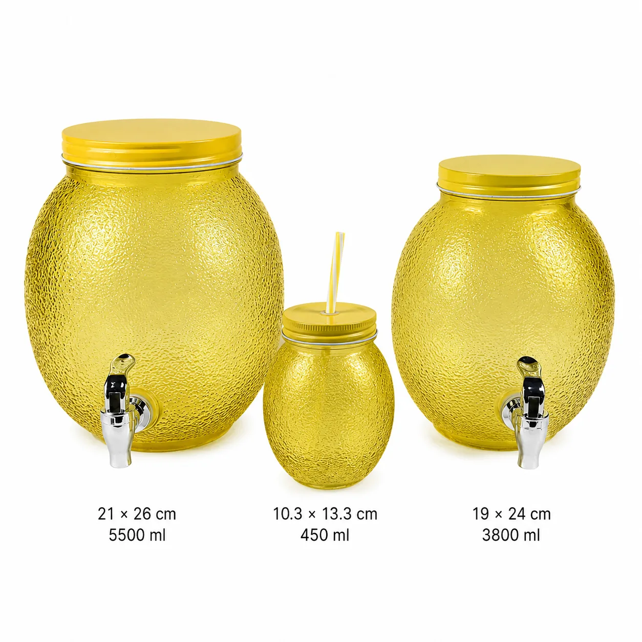 Round yellow citrus glass dispenser set in multiple sizes