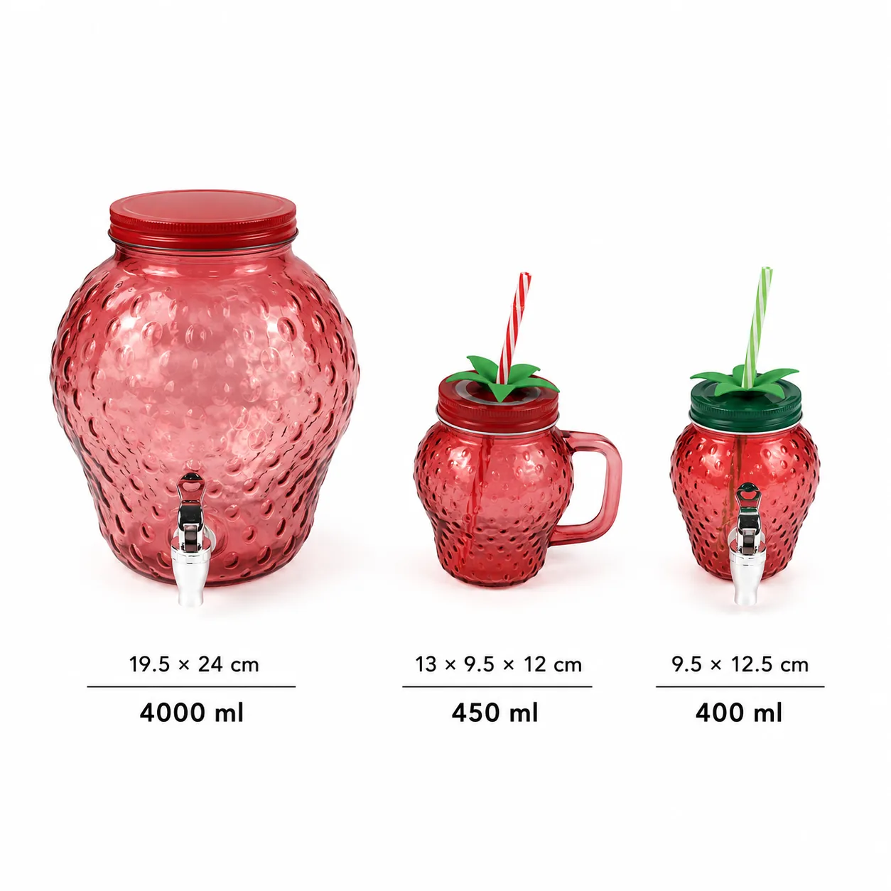 Red strawberry glass dispenser and straw jar set