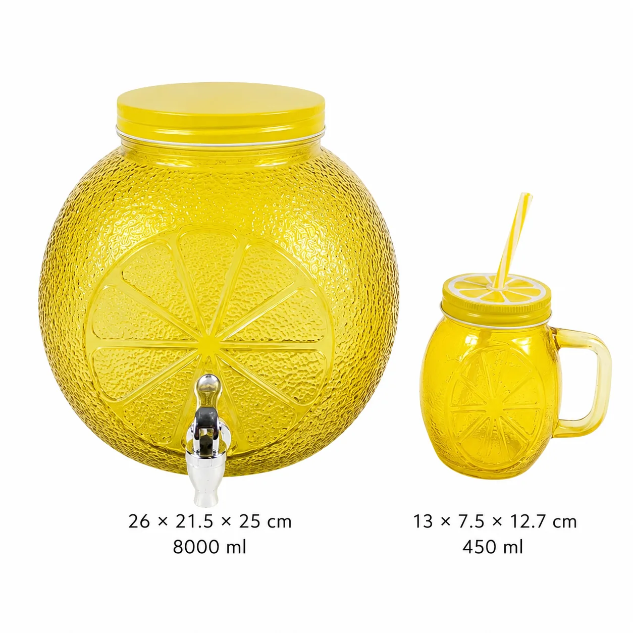 Large round yellow citrus glass dispenser and mug set