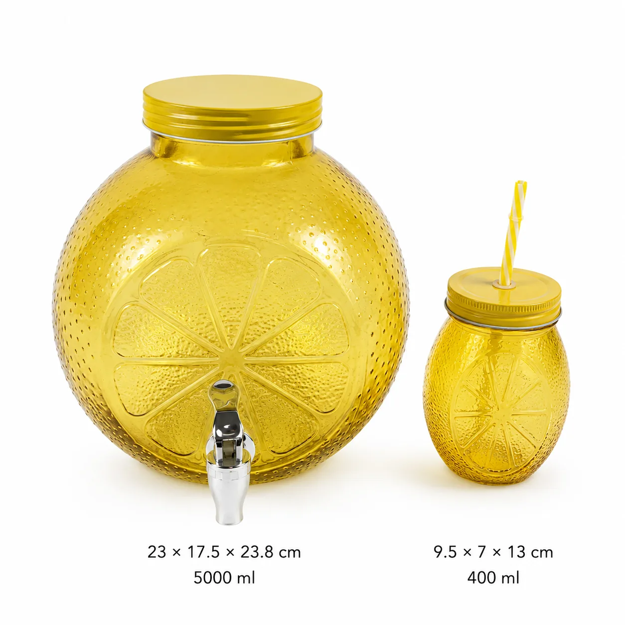 Round yellow orange slice glass dispenser and jar set