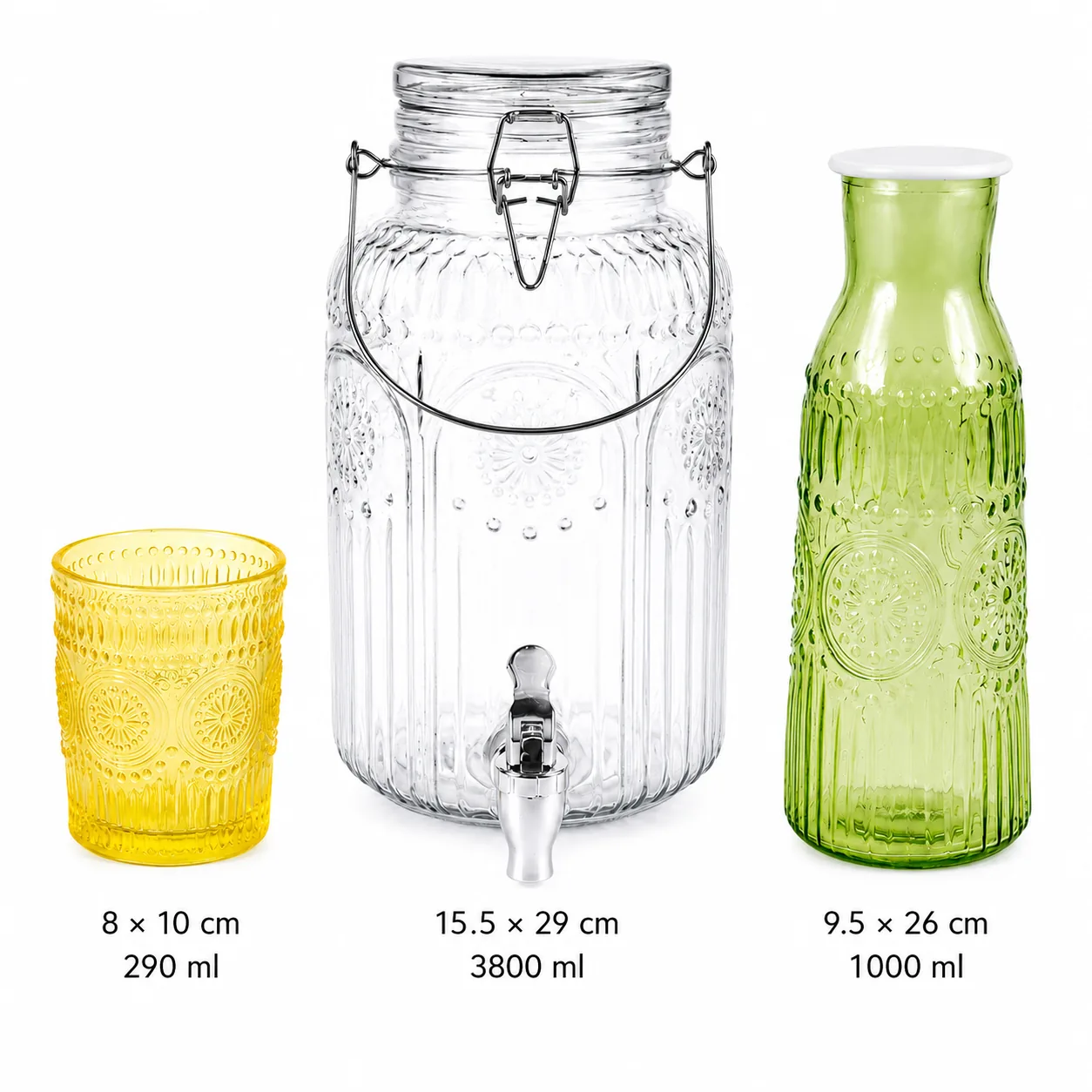 Mixed embossed glass tumbler dispenser and carafe set