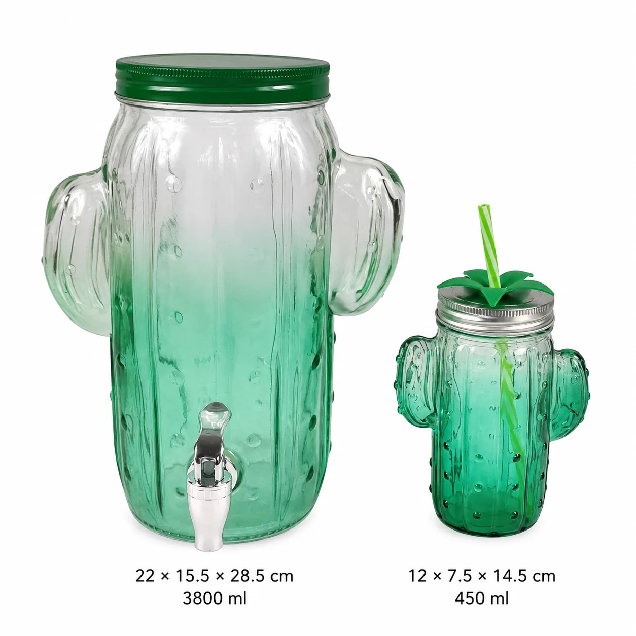 Green cactus glass dispenser and straw jar set