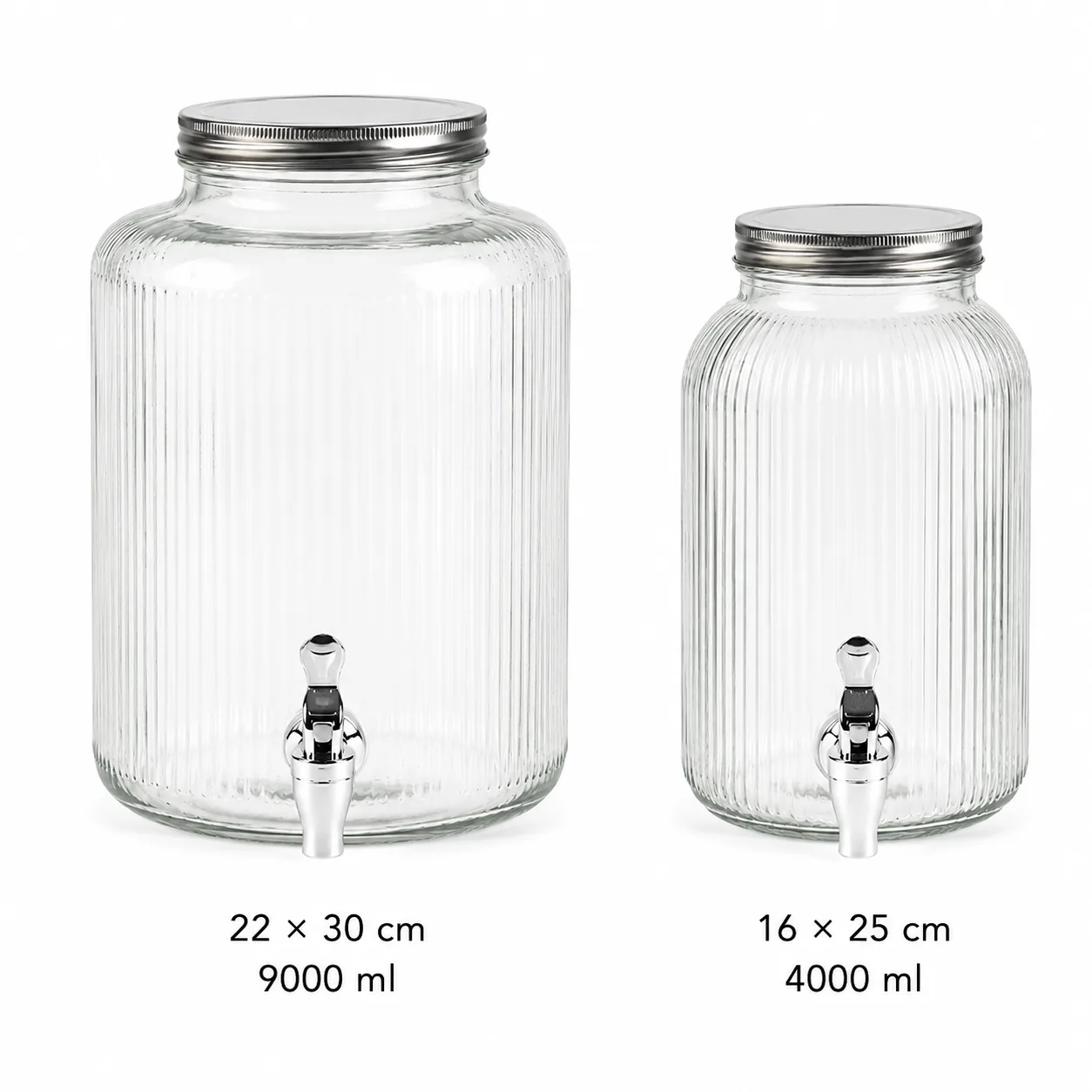 Vertical ribbed glass dispenser set in two sizes