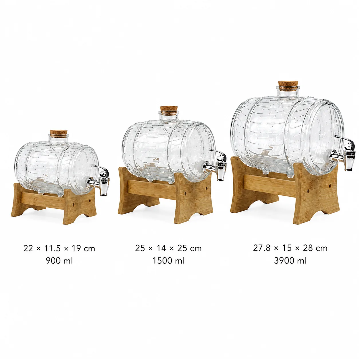 Barrel glass dispenser set with wood stands