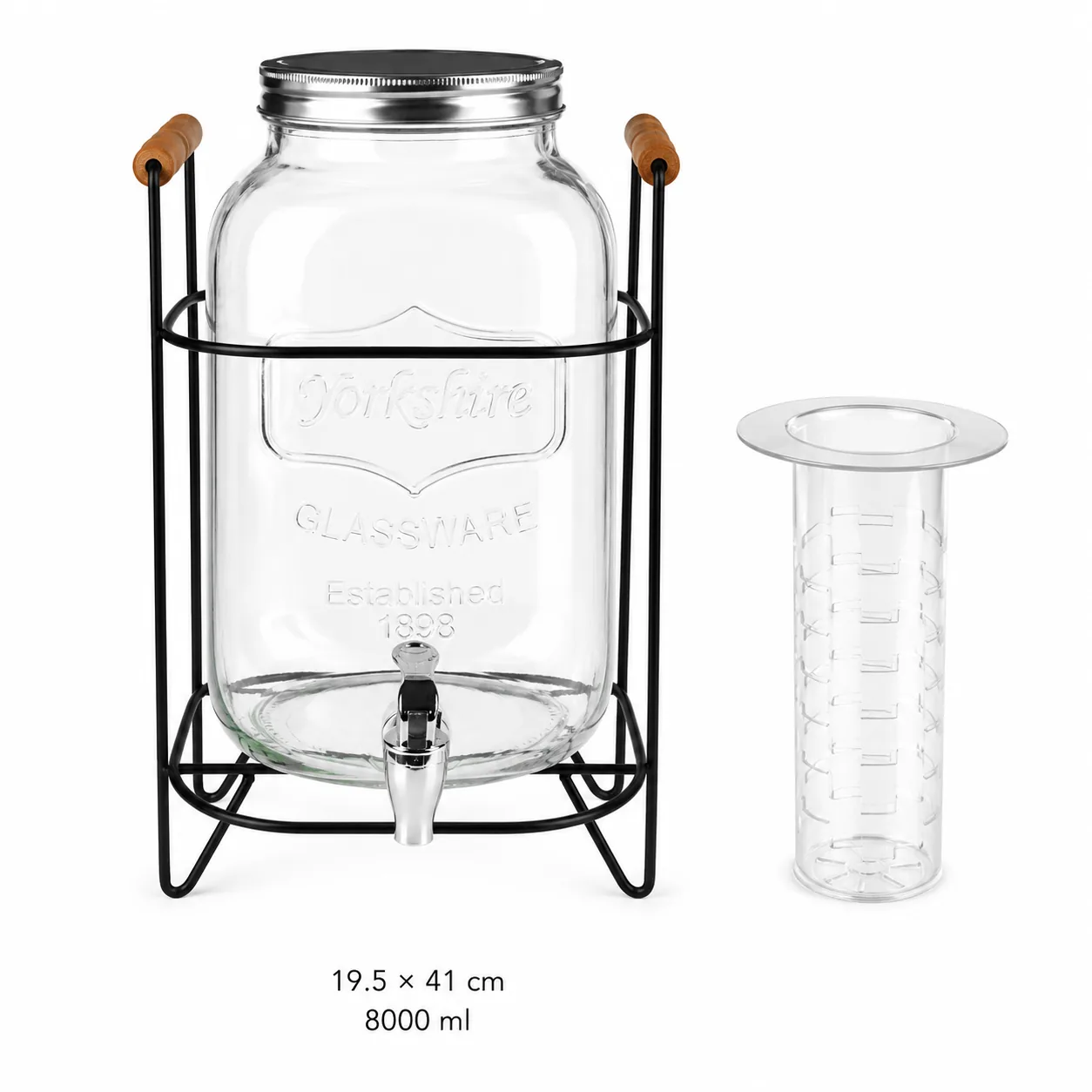 Large glass dispenser with wire stand and filter