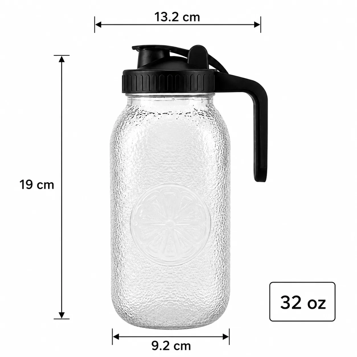 Citrus textured 32 oz glass beverage dispenser with handled pouring lid