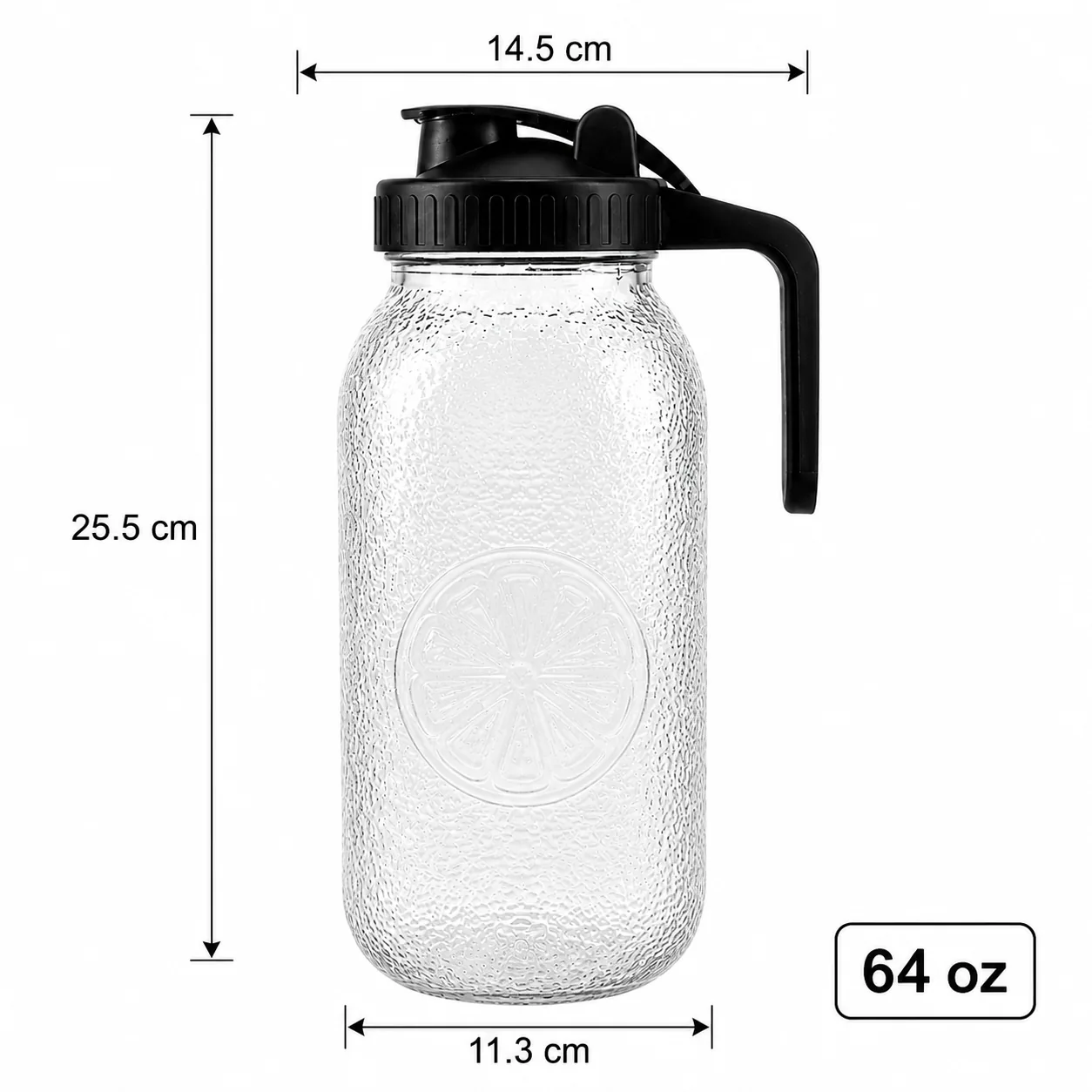 Citrus textured 64 oz glass beverage dispenser with handled pouring lid