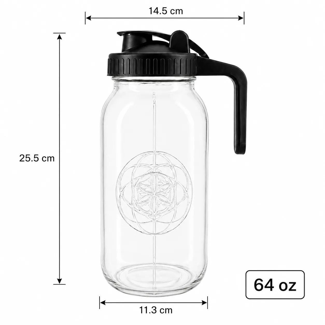 Geometric embossed 64 oz glass beverage dispenser with handled pouring lid