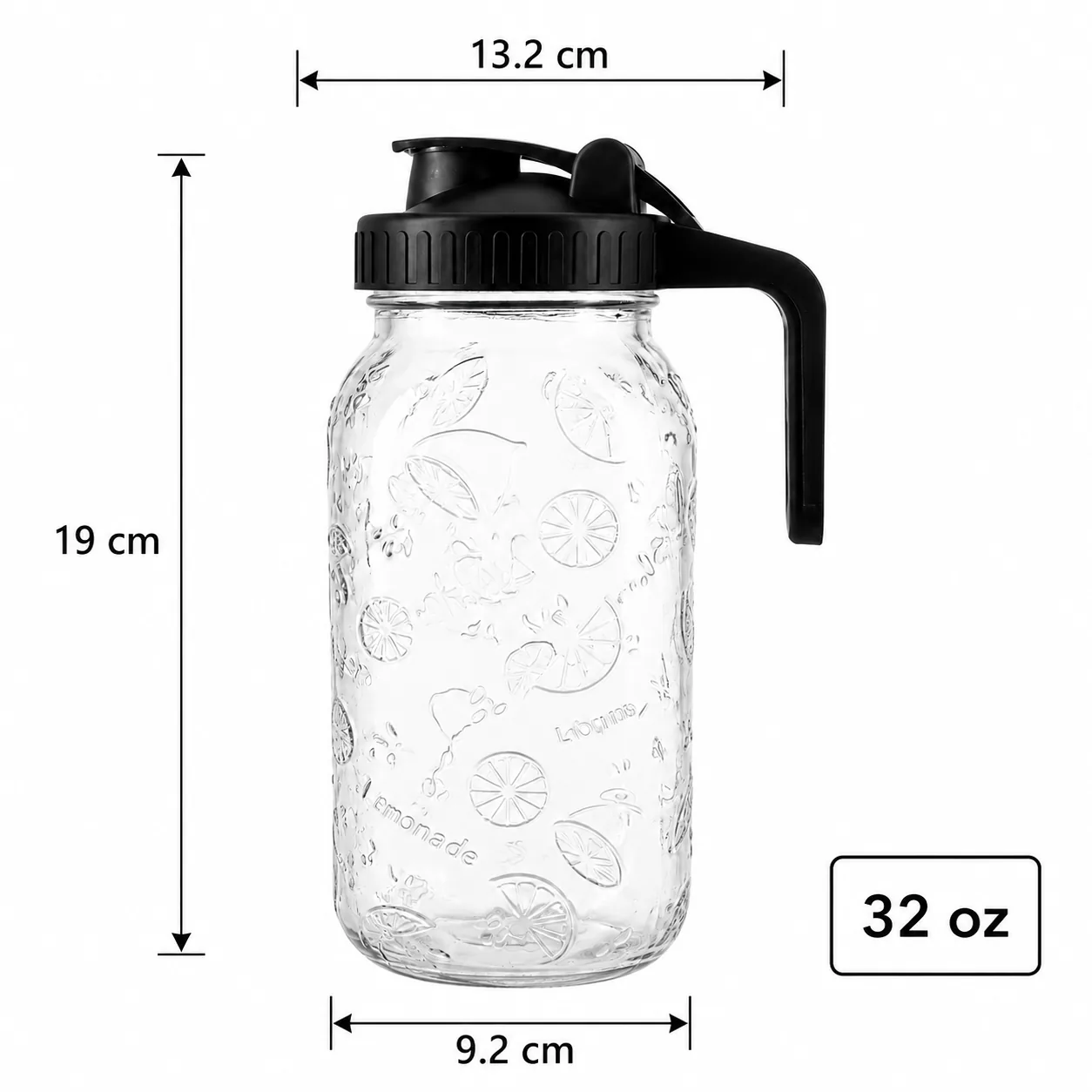 Lemon embossed 32 oz glass beverage dispenser with handled pouring lid