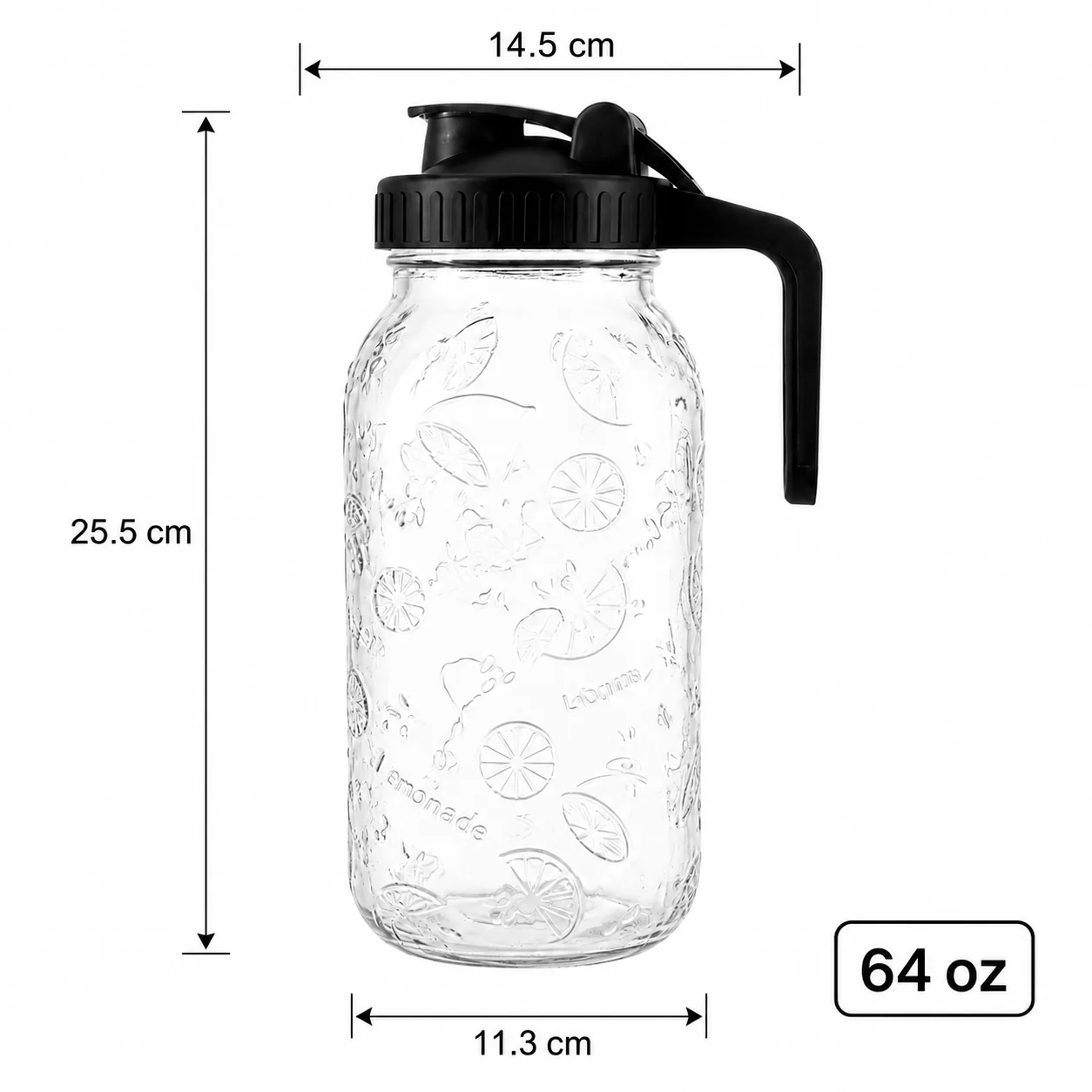 Lemon embossed 64 oz glass beverage dispenser with handled pouring lid