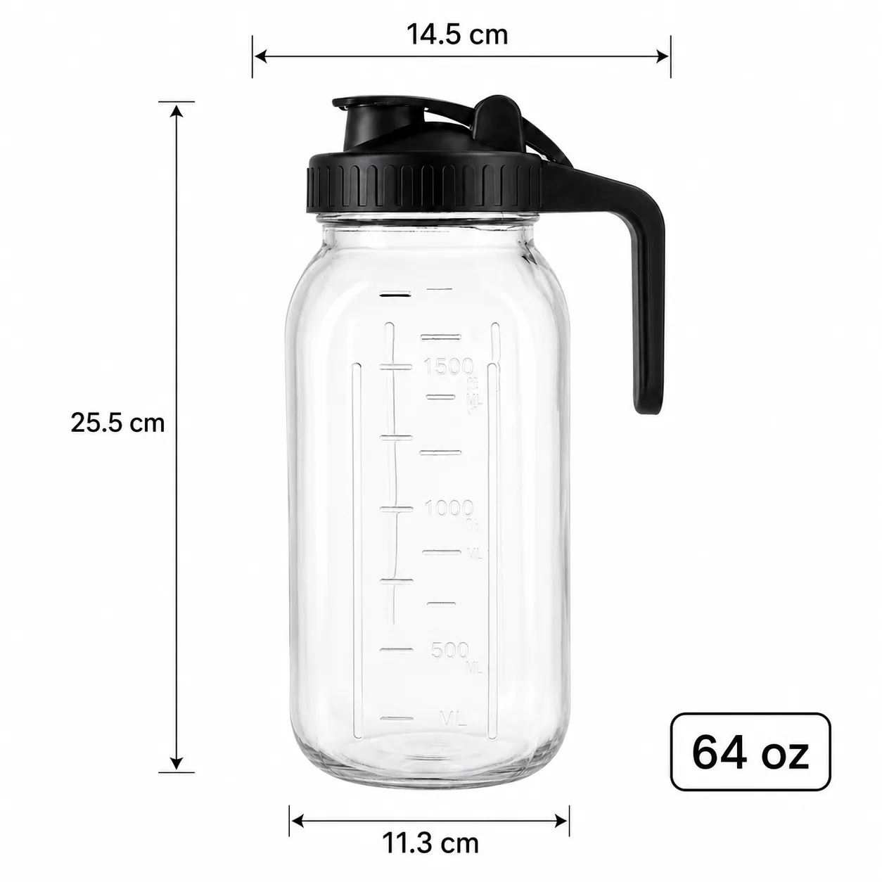Measuring scale 64 oz glass beverage dispenser with handled pouring lid