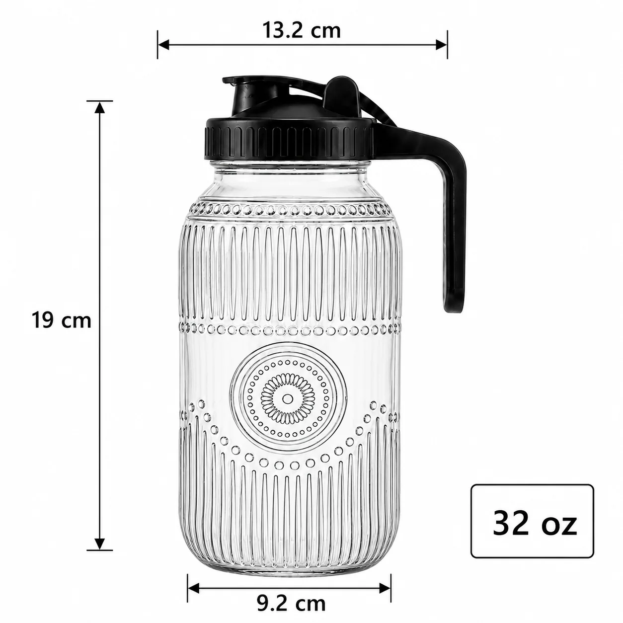 Medallion ribbed 32 oz glass beverage dispenser with handled pouring lid