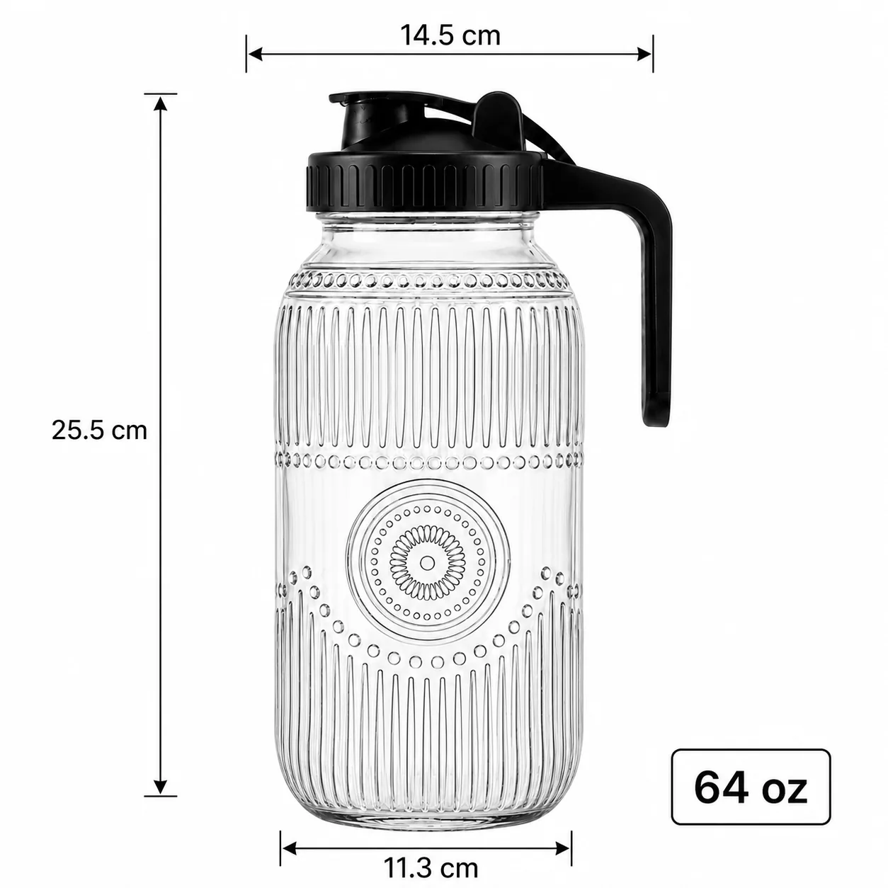 Medallion ribbed 64 oz glass beverage dispenser with handled pouring lid
