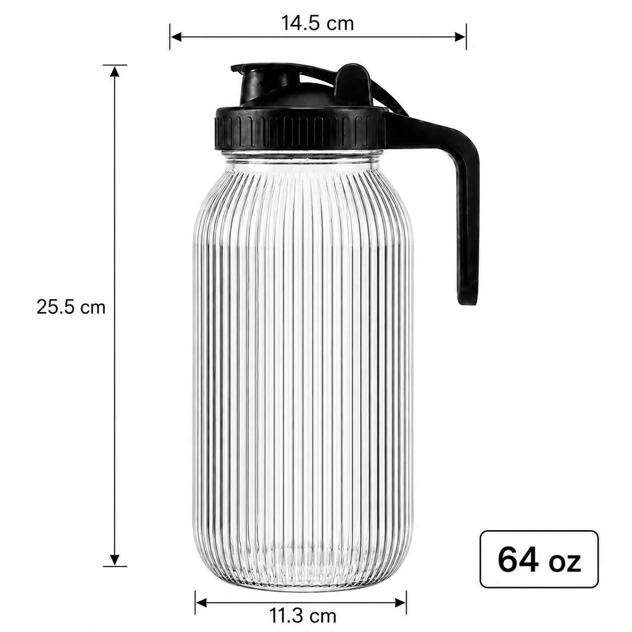 Vertical ribbed 64 oz glass beverage dispenser with handled pouring lid