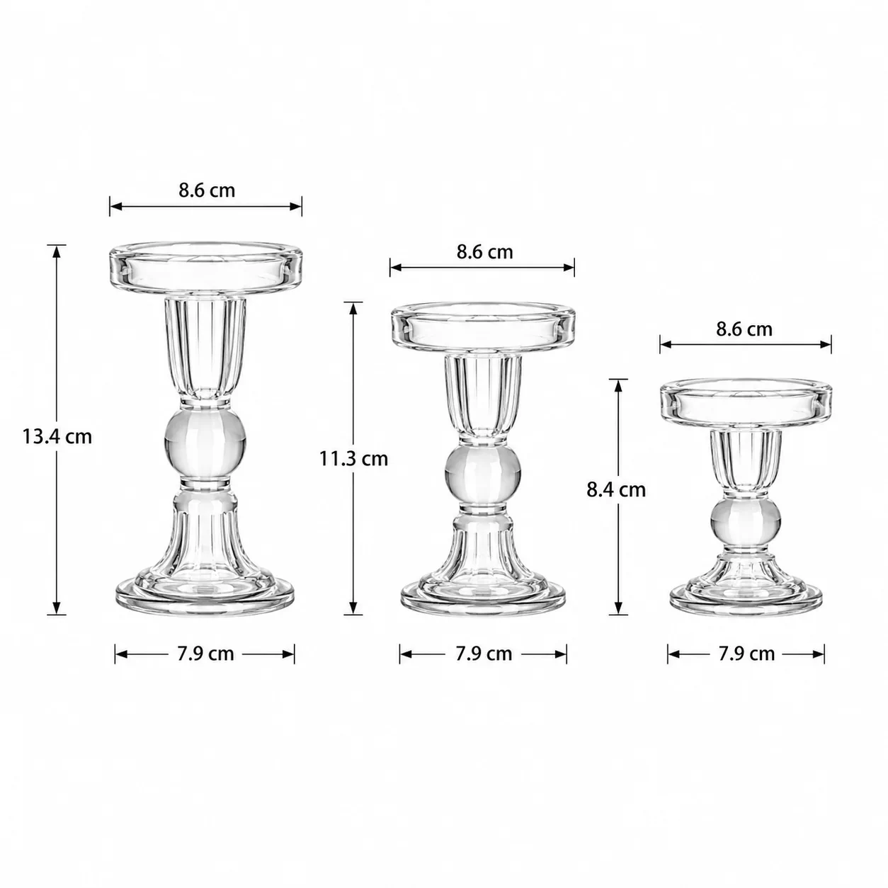 Ribbed glass candle holder set in three heights