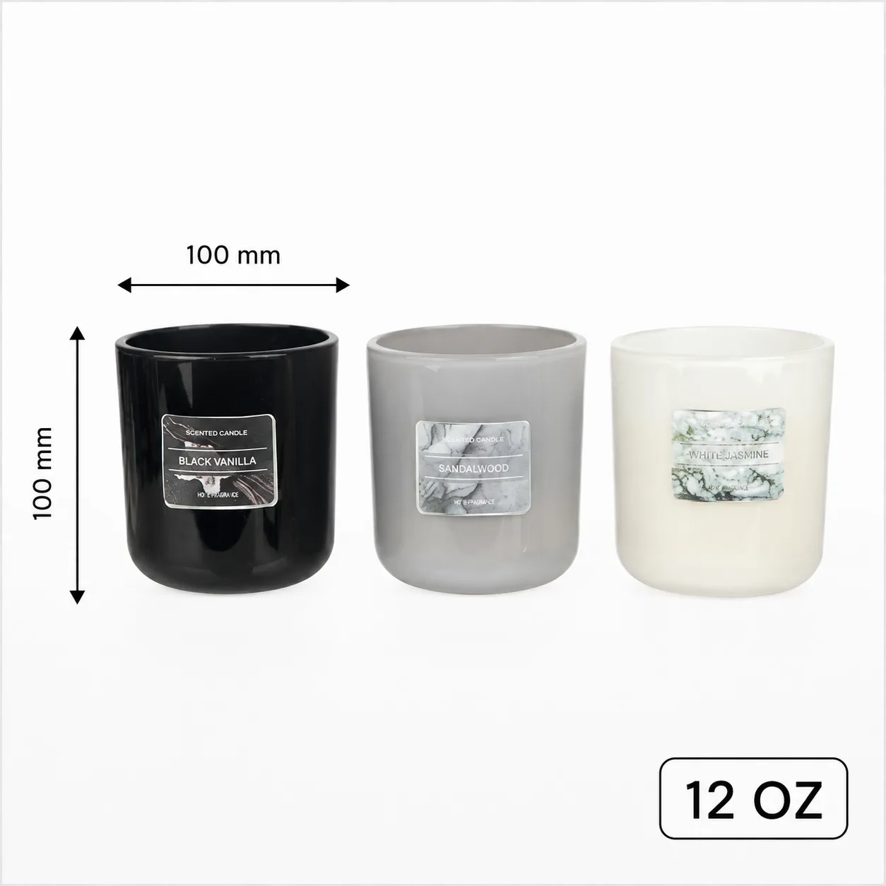 12 oz glass candle jar measuring 100 mm diameter by 100 mm height