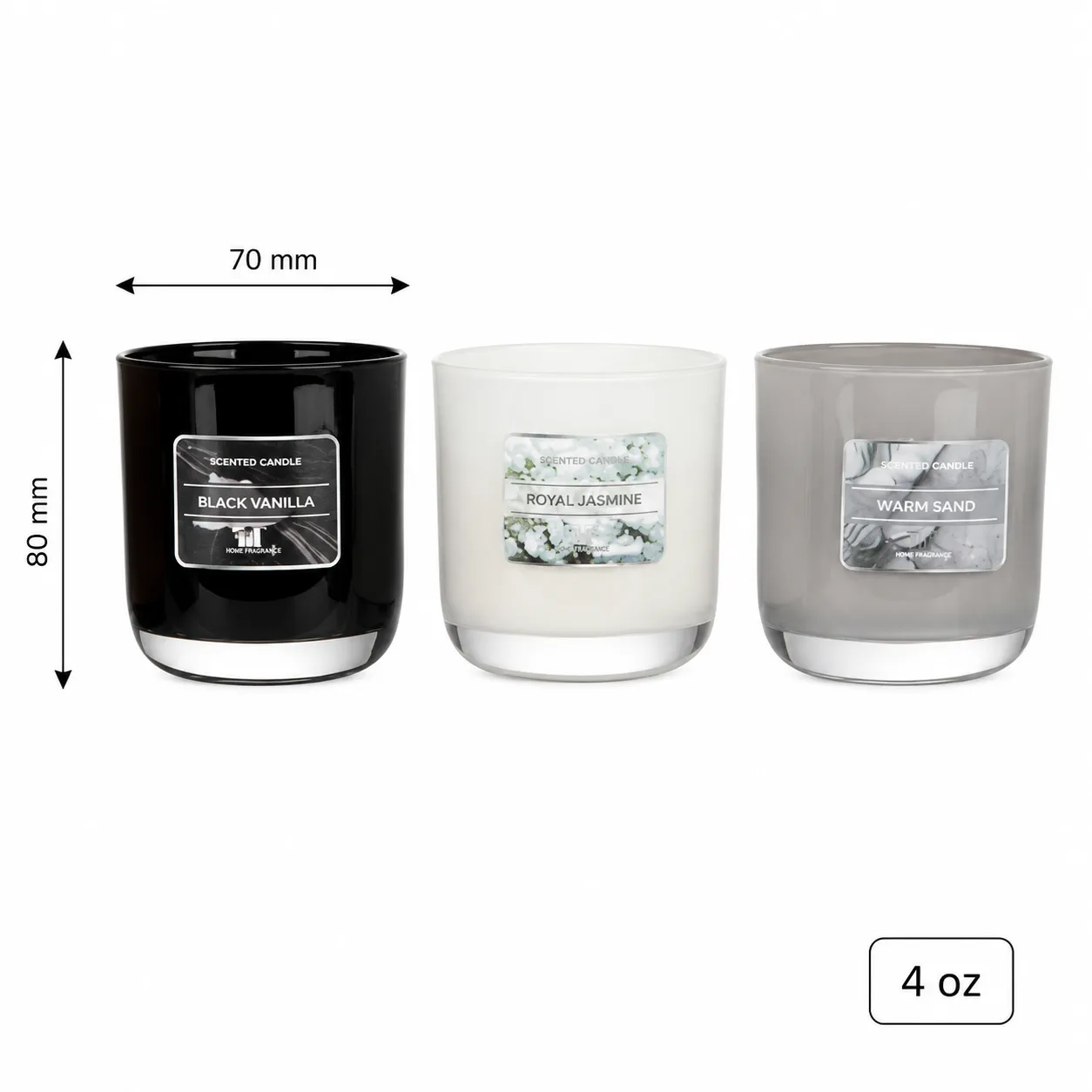 4 oz glass candle jar measuring 70 mm diameter by 80 mm height