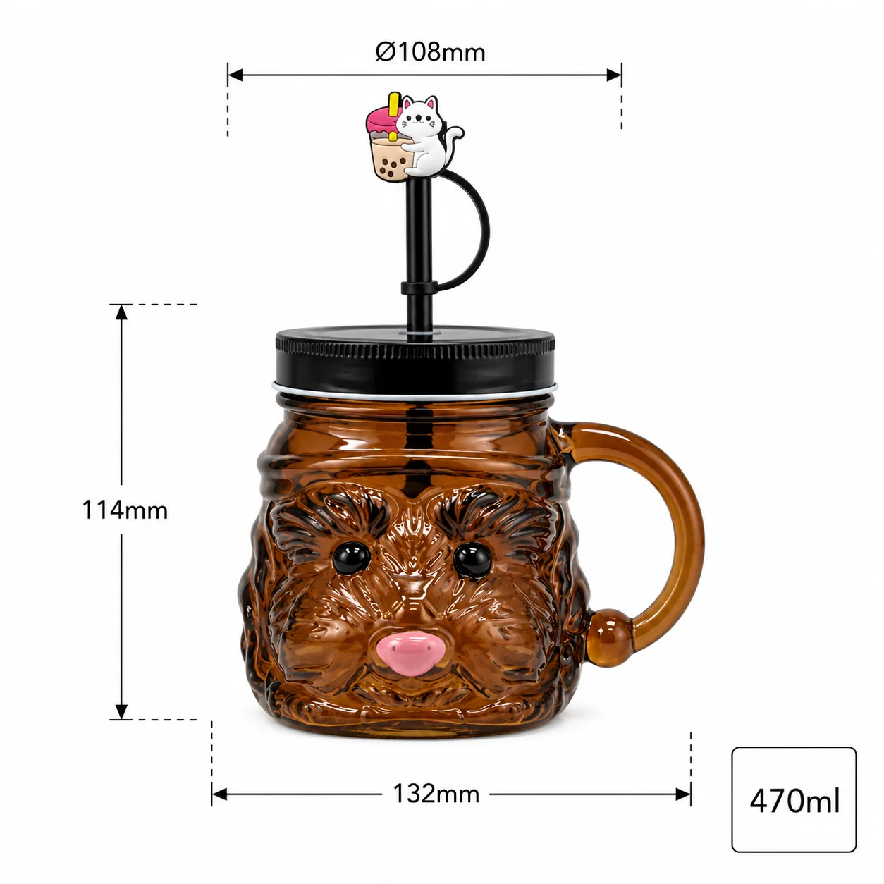 Animal face 470 ml glass cup with straw