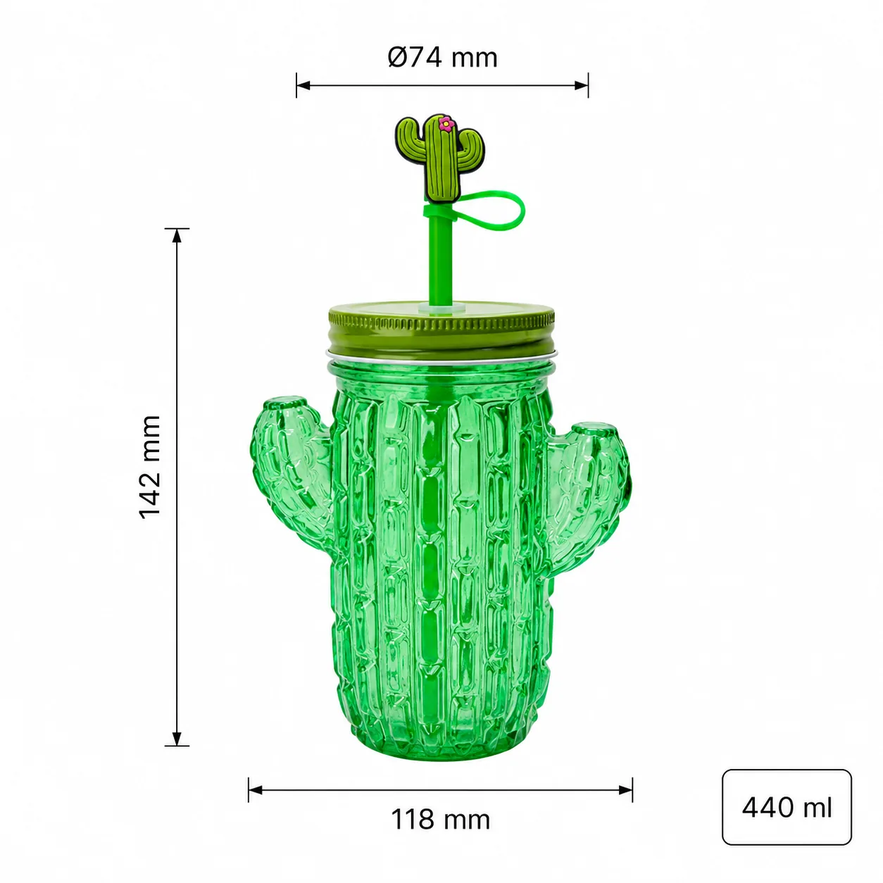 Cactus 440 ml glass cup with straw