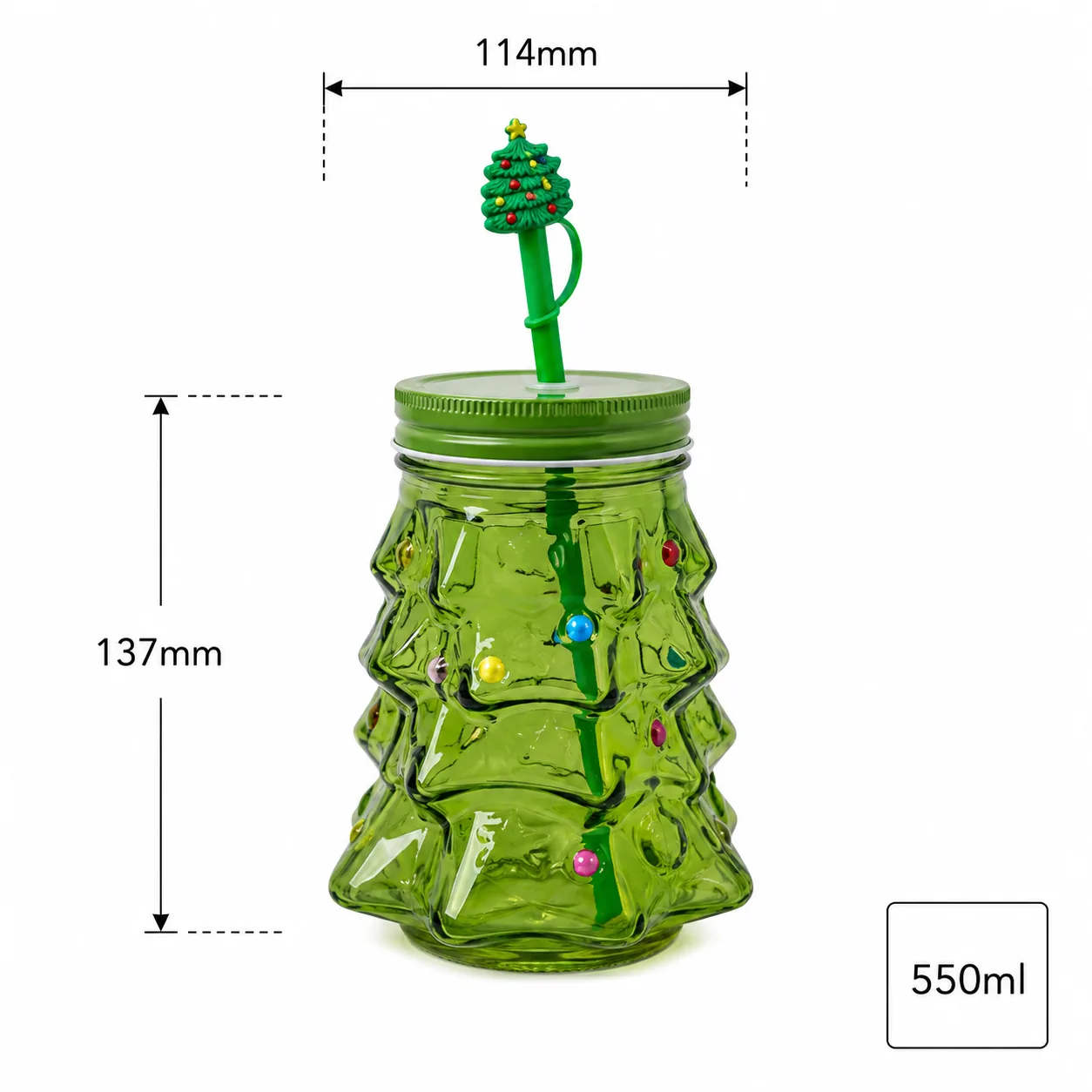 Christmas tree 550 ml glass cup with straw