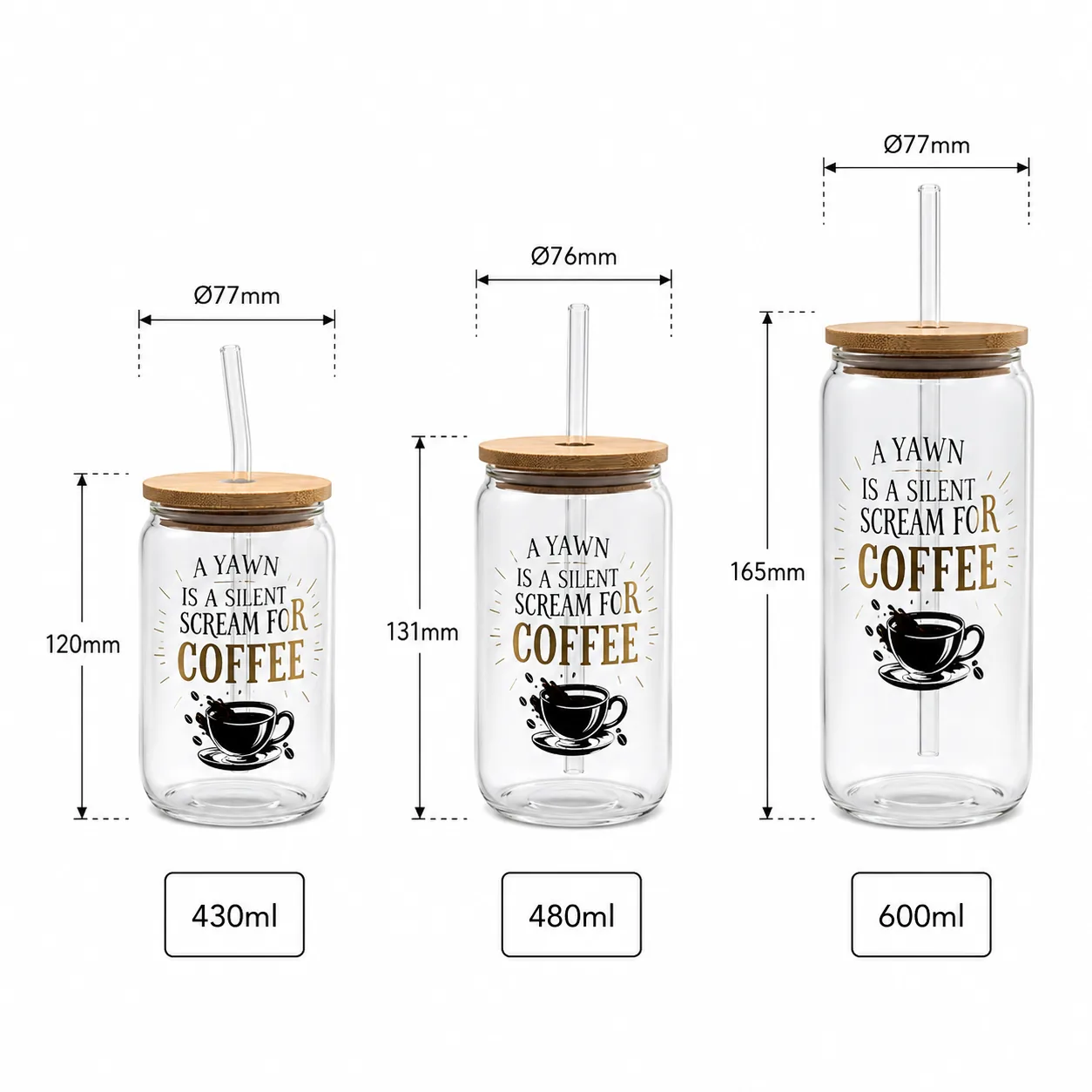 Coffee print glass cup set with straws in three capacities