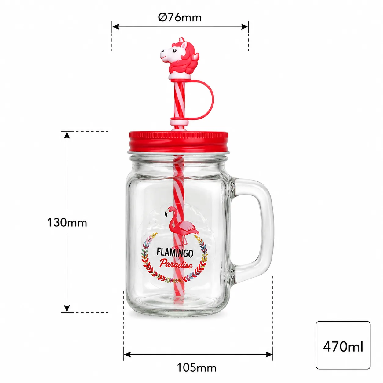 Flamingo 470 ml glass cup with straw