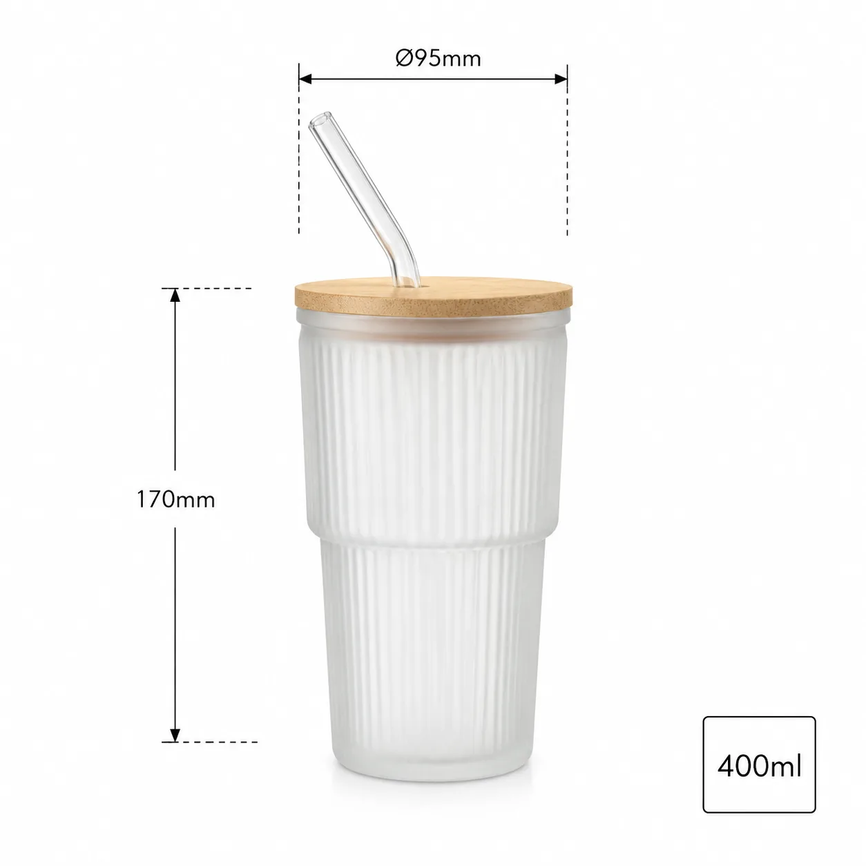 Tall ribbed 400 ml glass cup with straw
