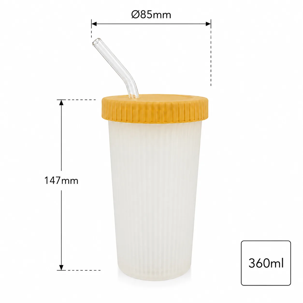 Ribbed 360 ml glass cup with straw