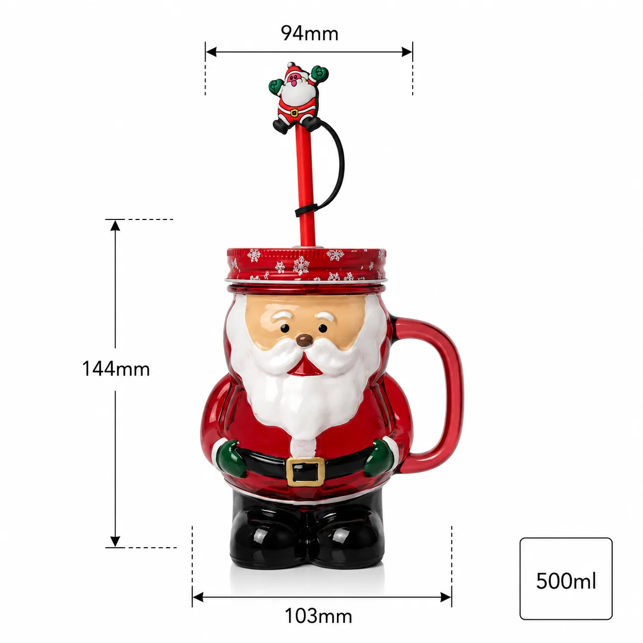 Santa 500 ml glass cup with straw