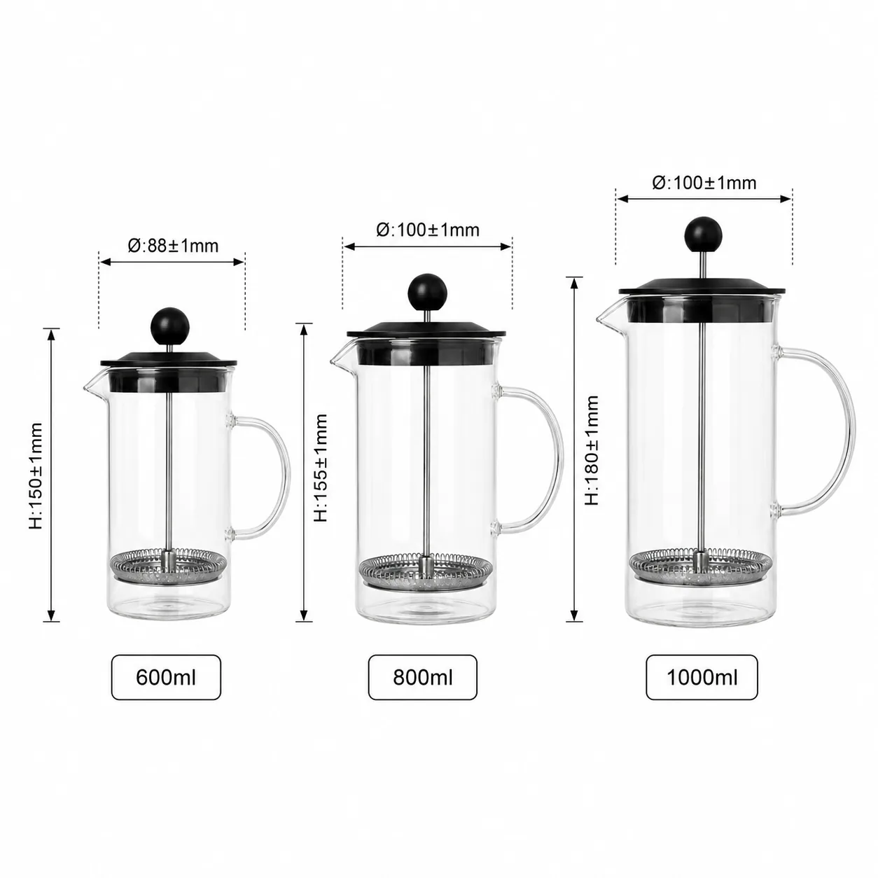 Glass French press set in 600 ml, 800 ml and 1000 ml capacities