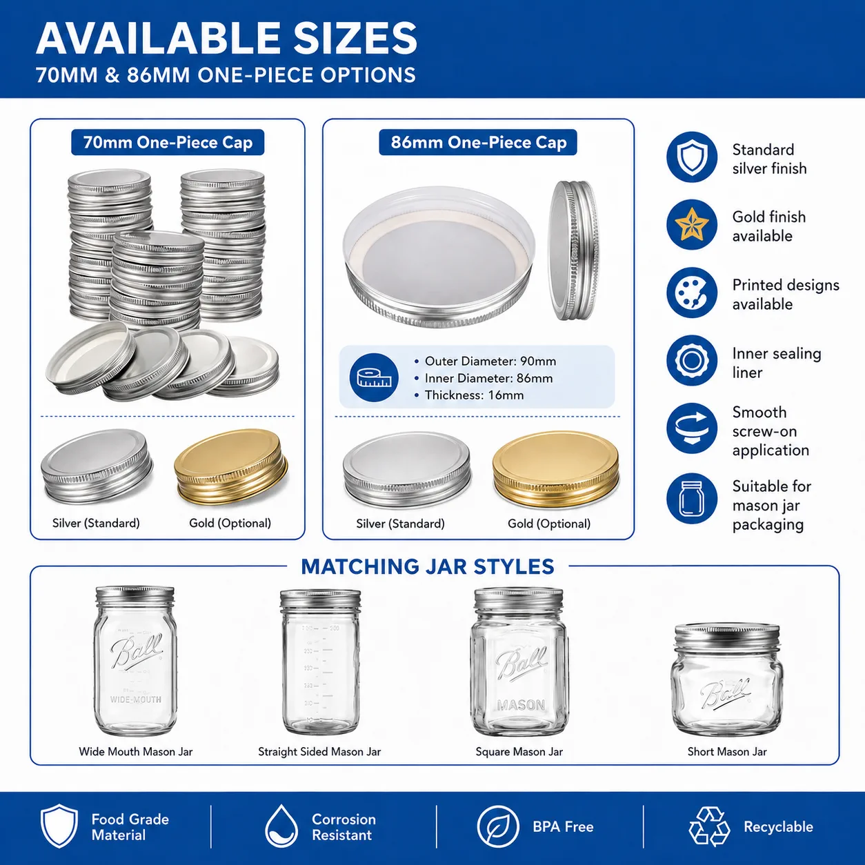 Available mason jar screw cap sizes