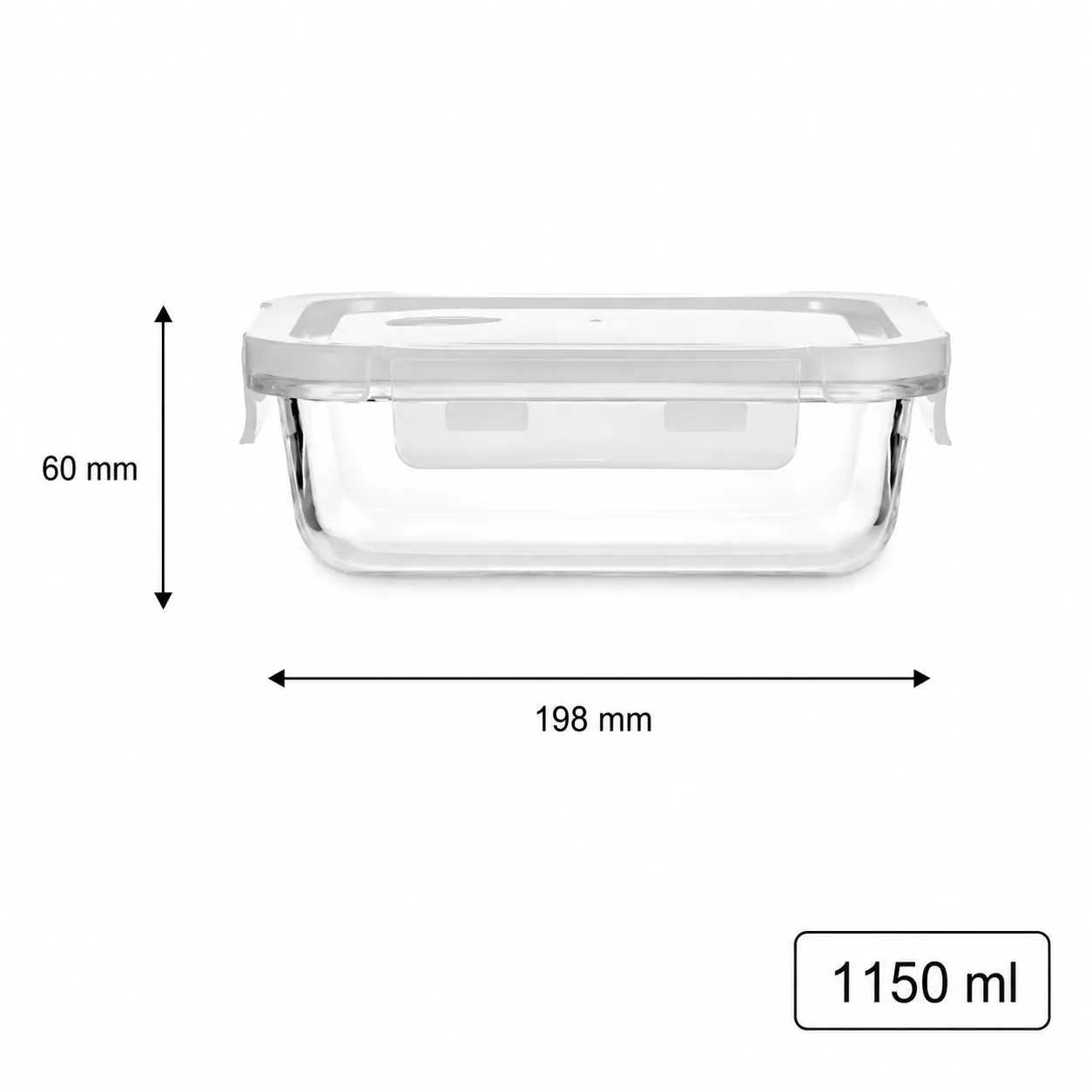 Rectangular 1150 ml glass food storage container with locking lid