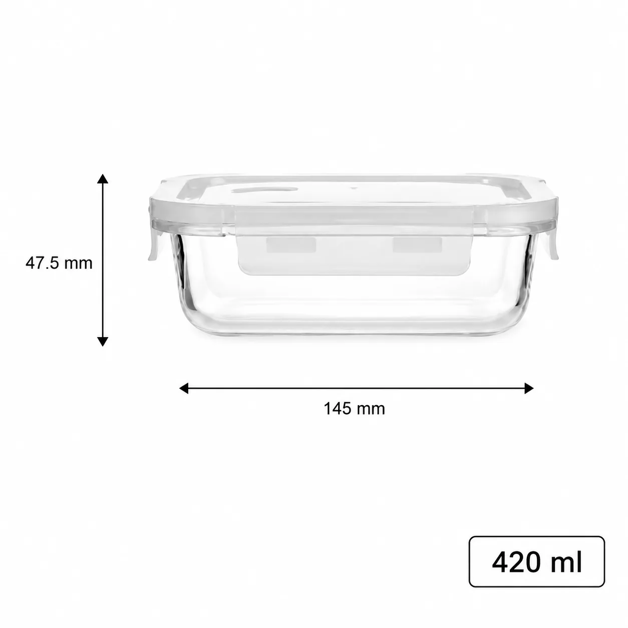 Low rectangular 420 ml glass food storage container with locking lid