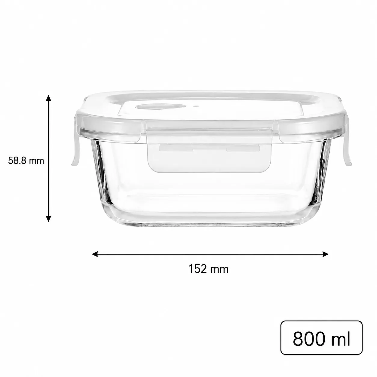 Deep rectangular 800 ml glass food storage container with locking lid
