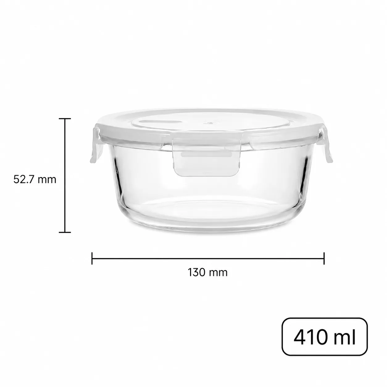 Round 410 ml glass food storage container with locking lid