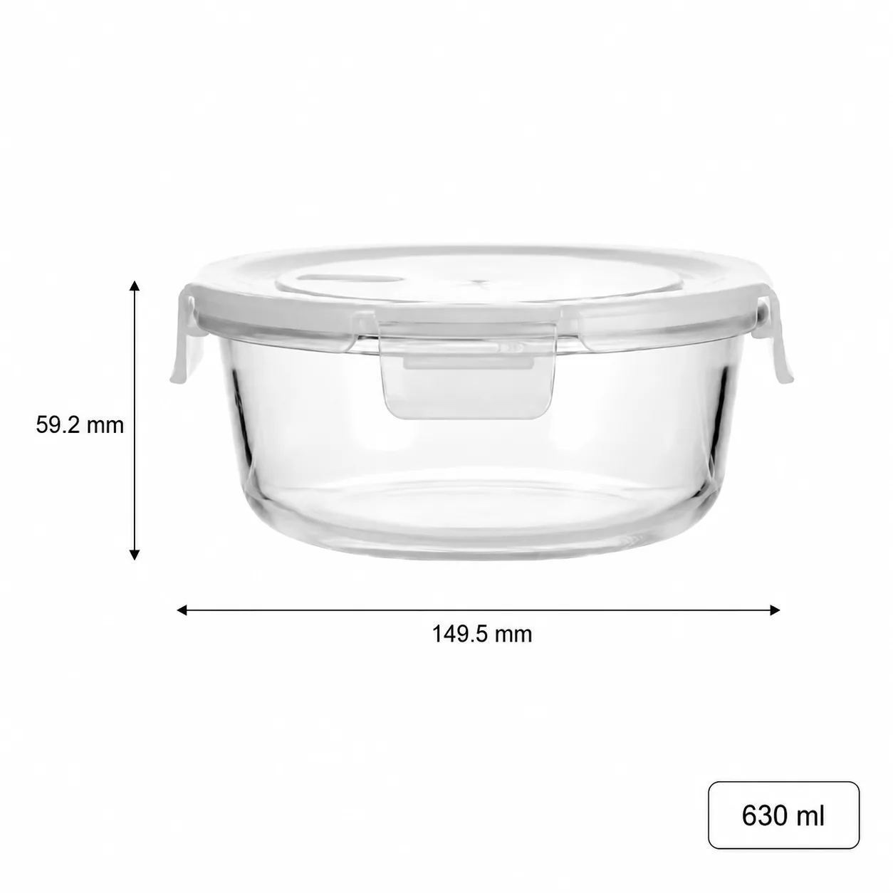Round 630 ml glass food storage container with locking lid