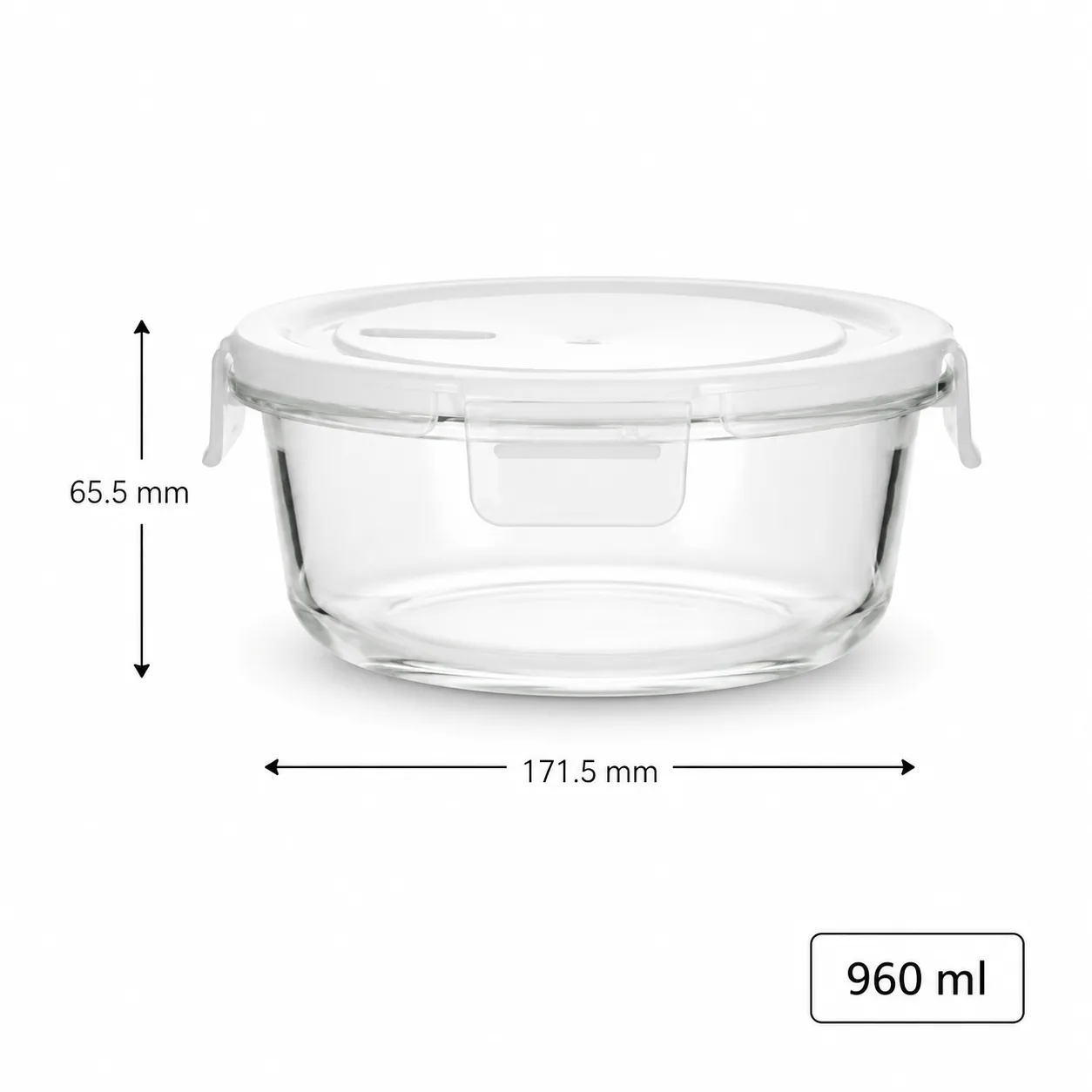 Large round 960 ml glass food storage container with locking lid