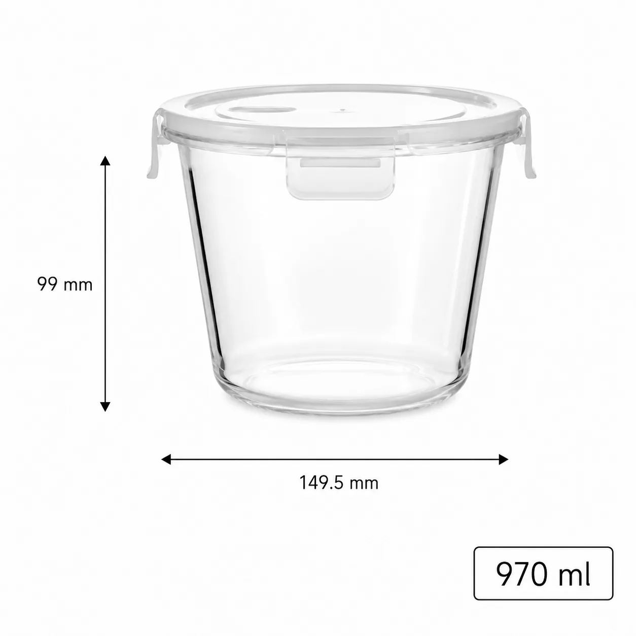Tall round 970 ml glass food storage container with locking lid