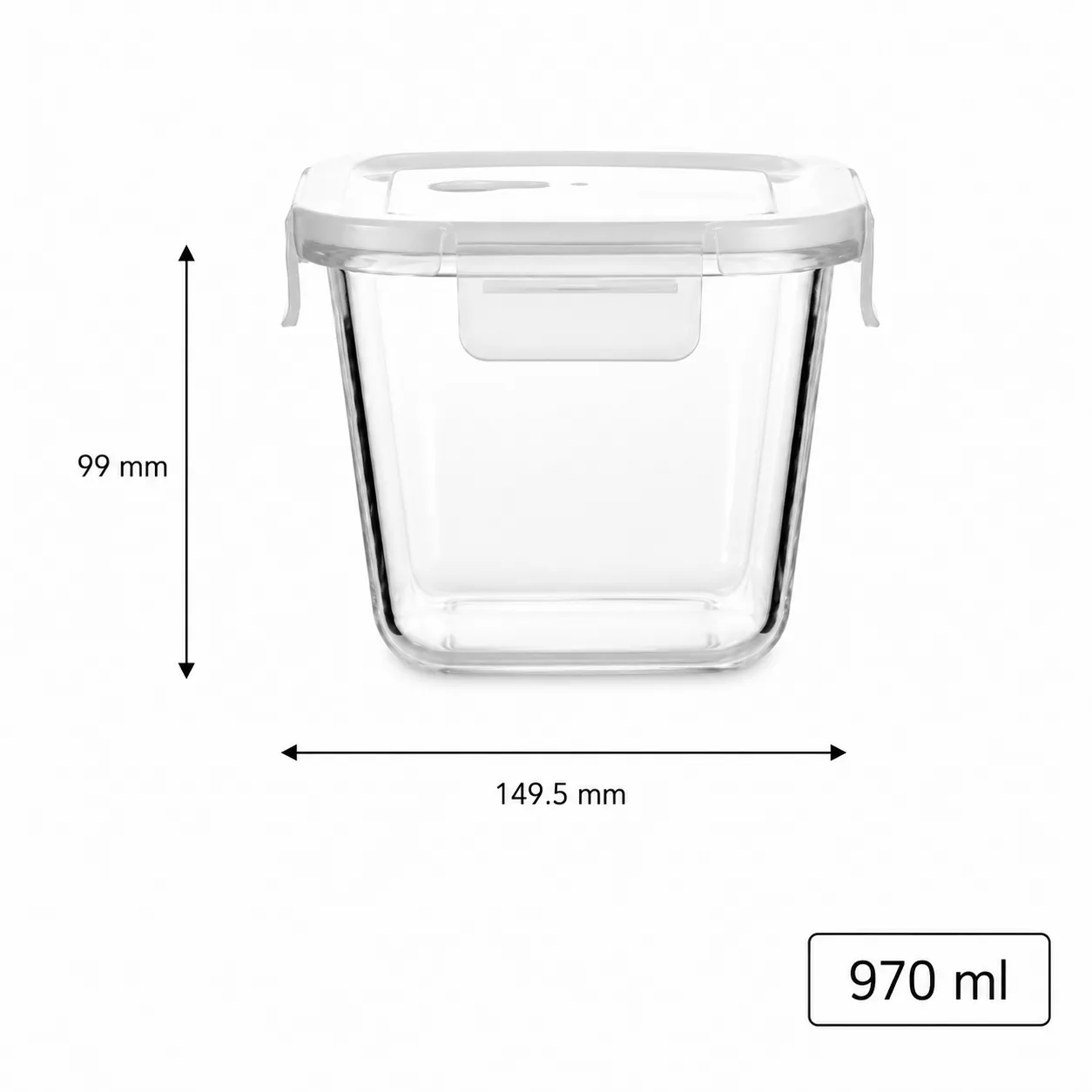 Square 970 ml glass food storage container with locking lid