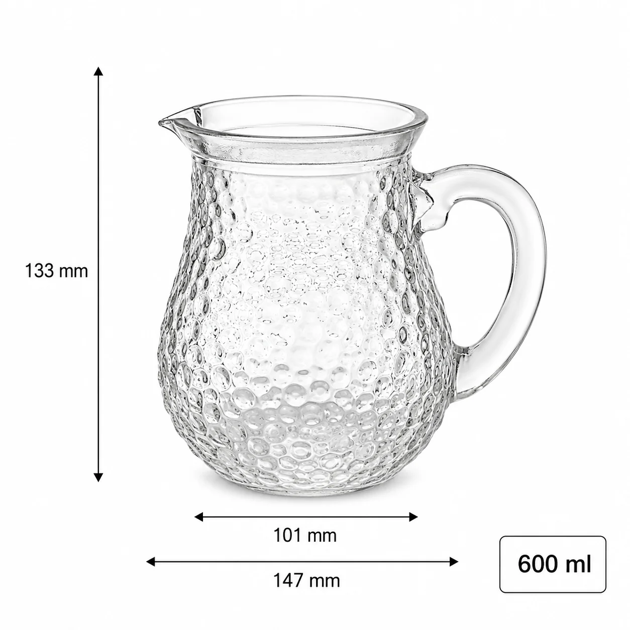Clear 600 ml bubble texture glass pitcher with pouring spout and handle