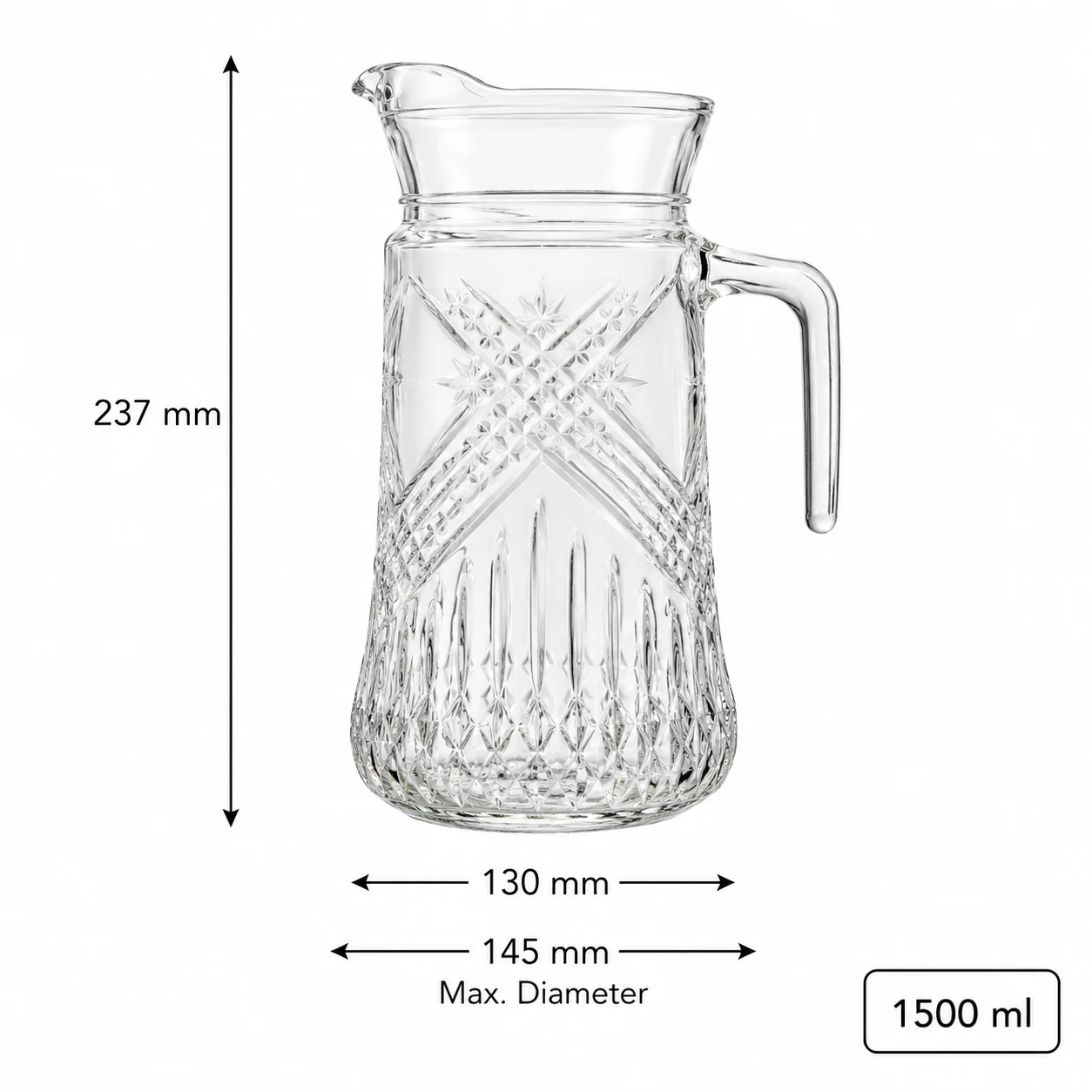 Large 1500 ml clear glass pitcher with diamond-cut pattern and handle